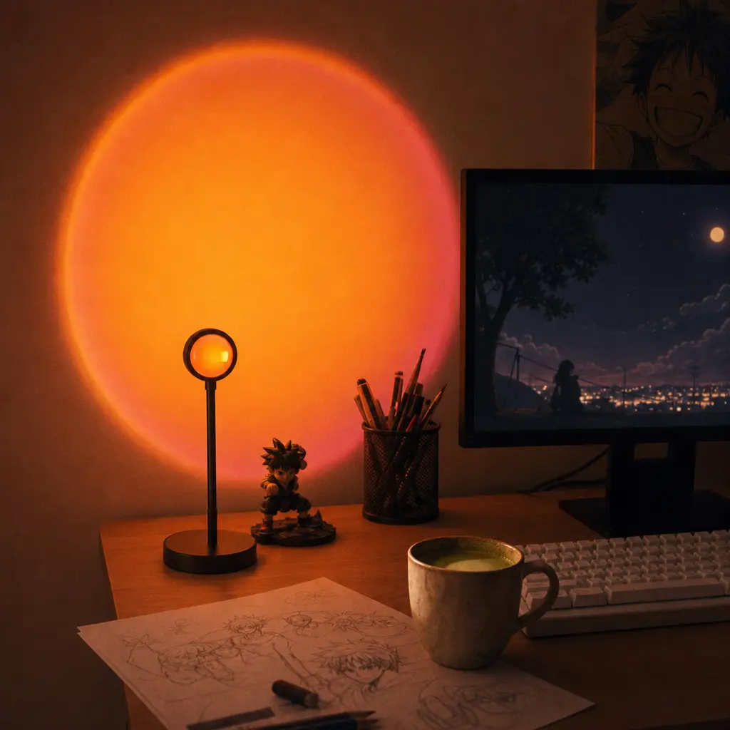 Aesthetic sunset lamp projecting warm orange glow