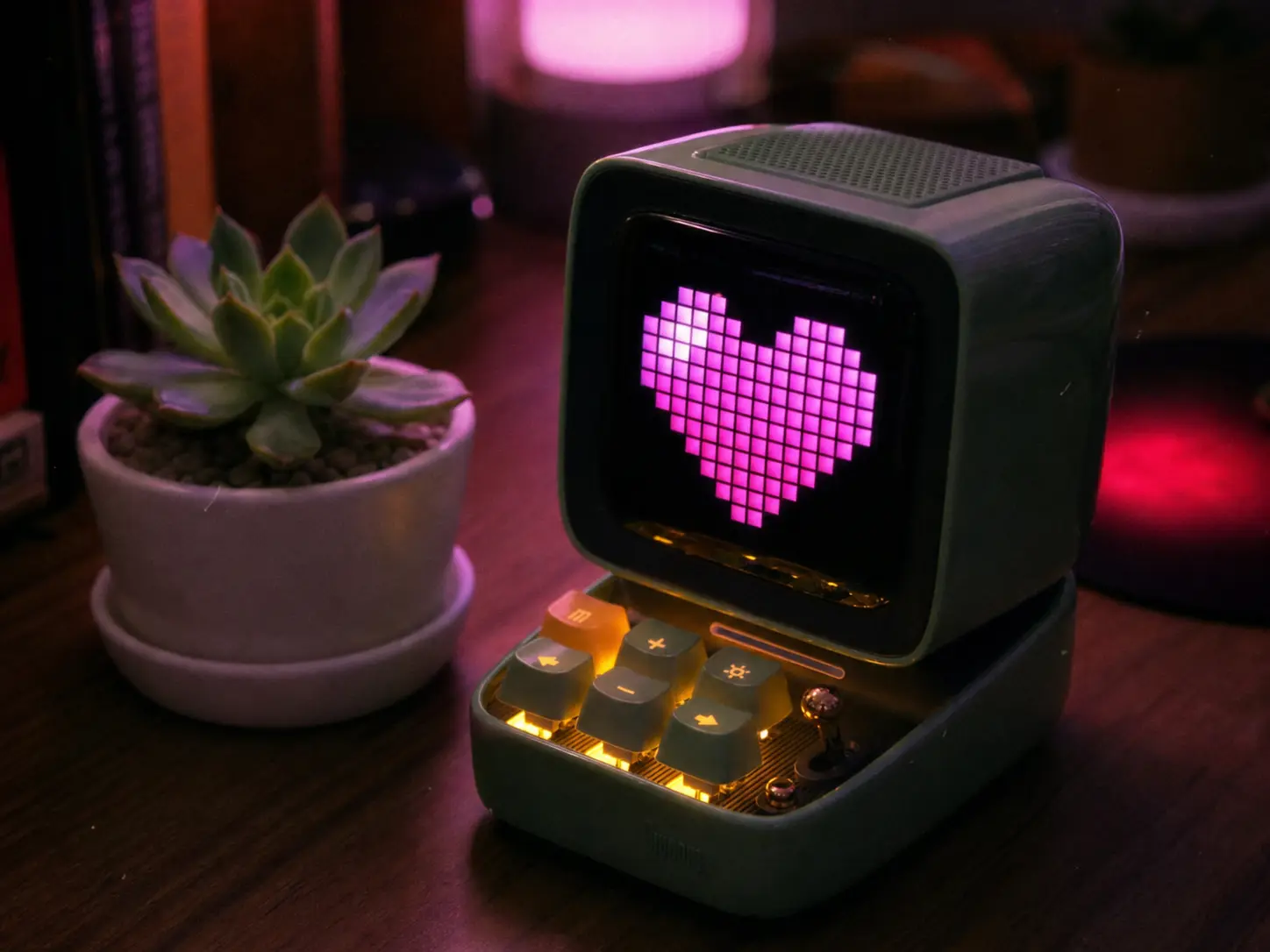 Retro pixel art bluetooth speaker on desk