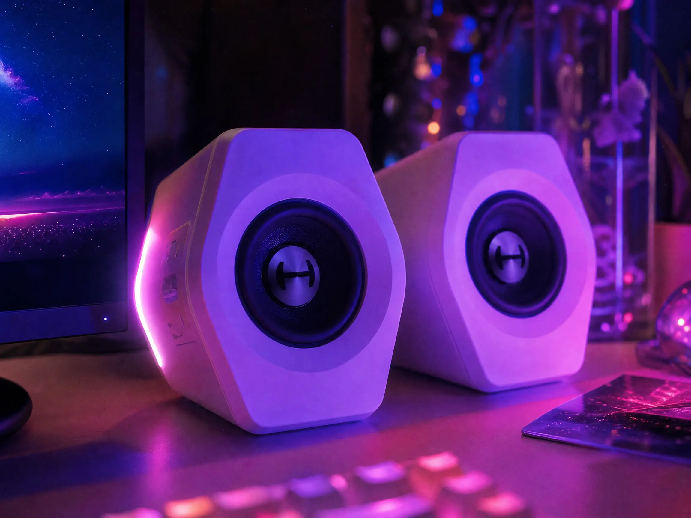 Futuristic RGB desktop gaming speakers emitting purple glow