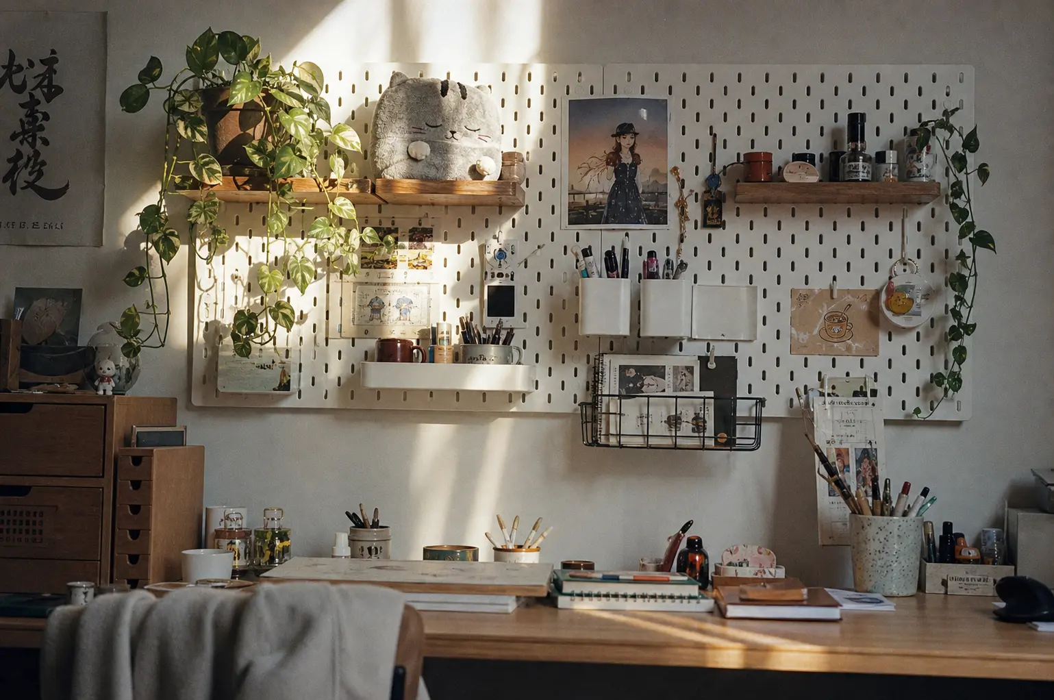 White pegboard wall organizer holding trailing plants and tech accessories above a desk