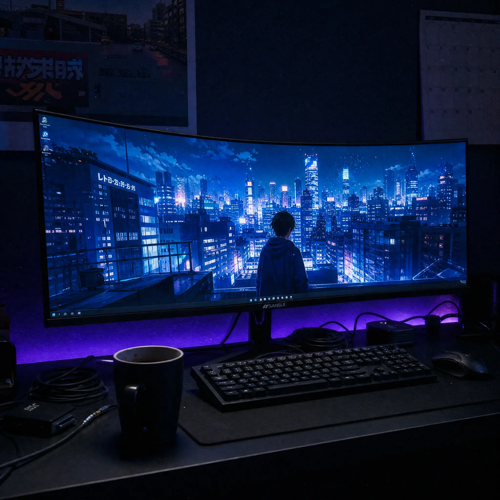 34-inch ultrawide curved monitor in a midnight blue desk setup