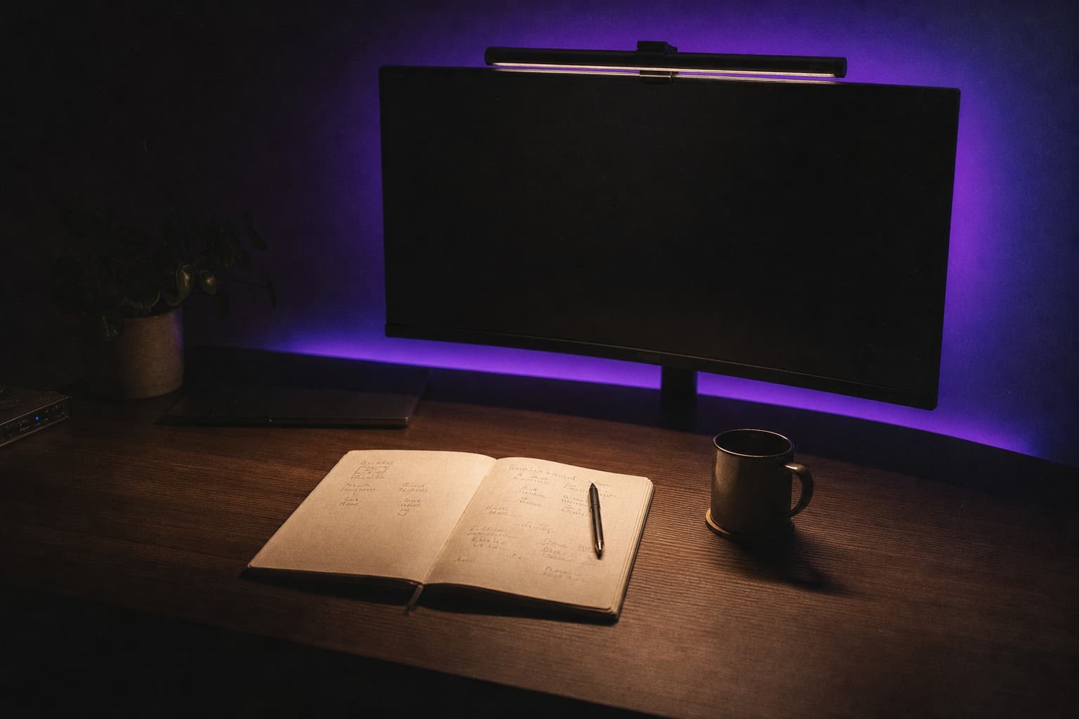 Smart monitor light bar on a curved screen with purple RGB backlight