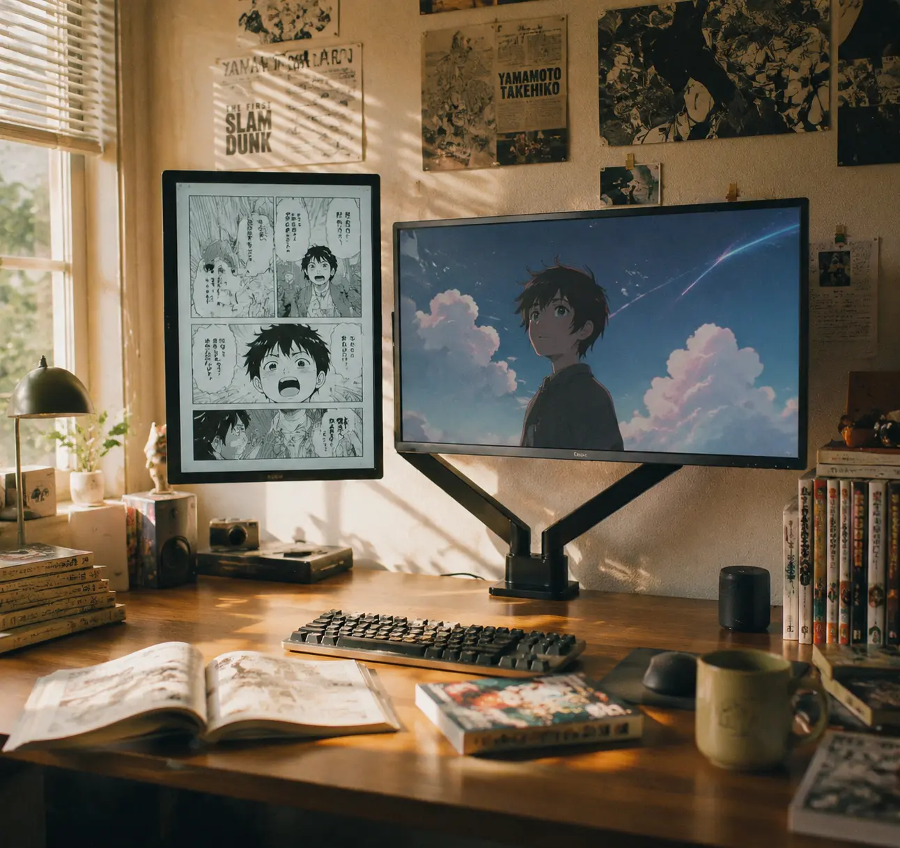 Aesthetic Anime Desk Setup with Dual Monitor Arm