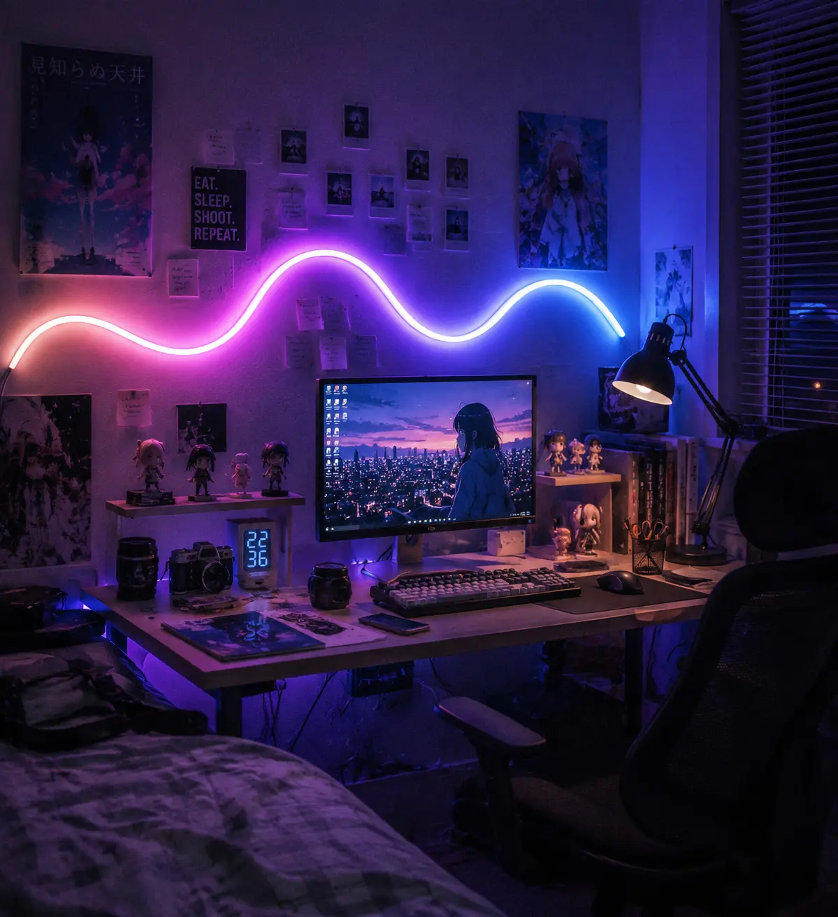 Anime Desk Setup with Neon Rope Wall Lighting
