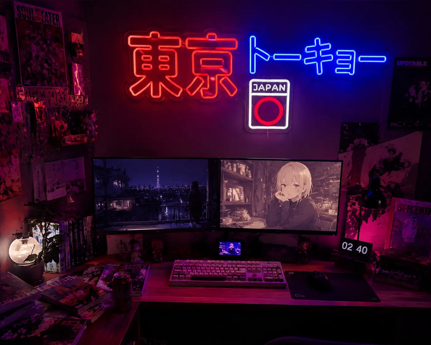 Aesthetic Anime Room with Large Japanese Katakana Neon Sign
