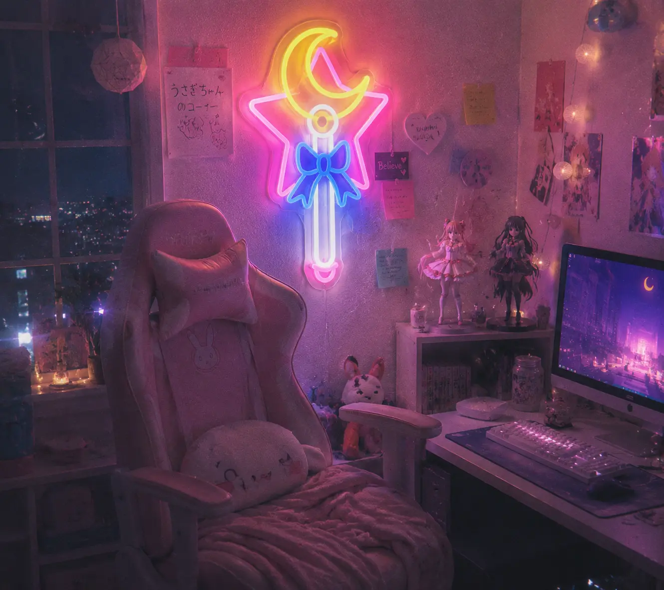 Magical Girl Anime Room with Moon and Star Neon Sign