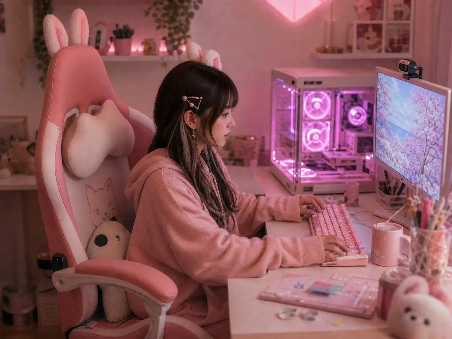 Pink bunny gaming chair with rabbit ears at a white desk with pastel mechanical keyboard