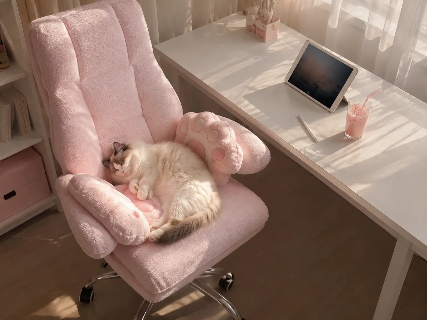 Fluffy soft pink desk chair with cat paw cushions at a white wooden desk