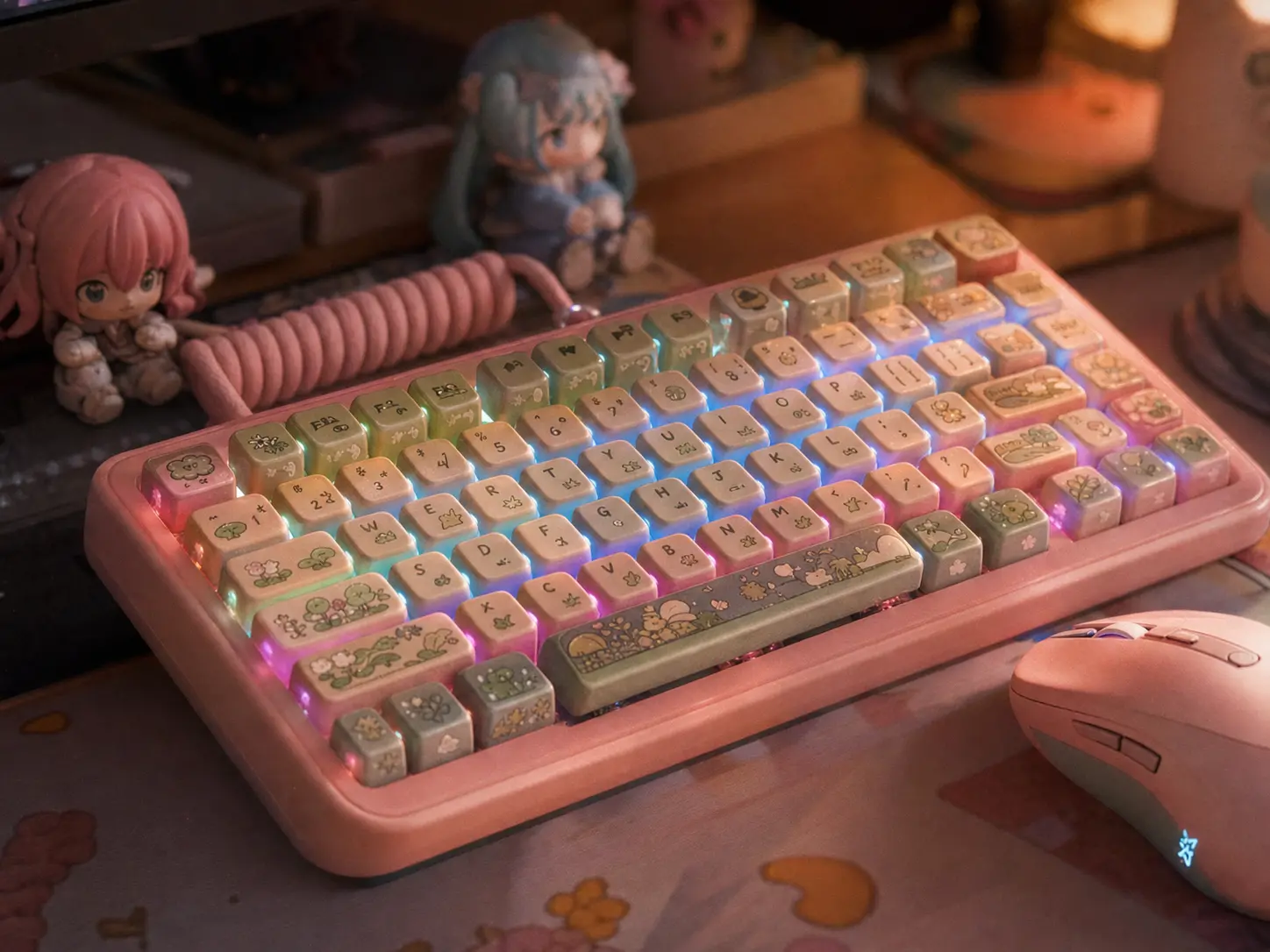 Pastel pink mechanical keyboard with glowing RGB backlighting and cute anime figures
