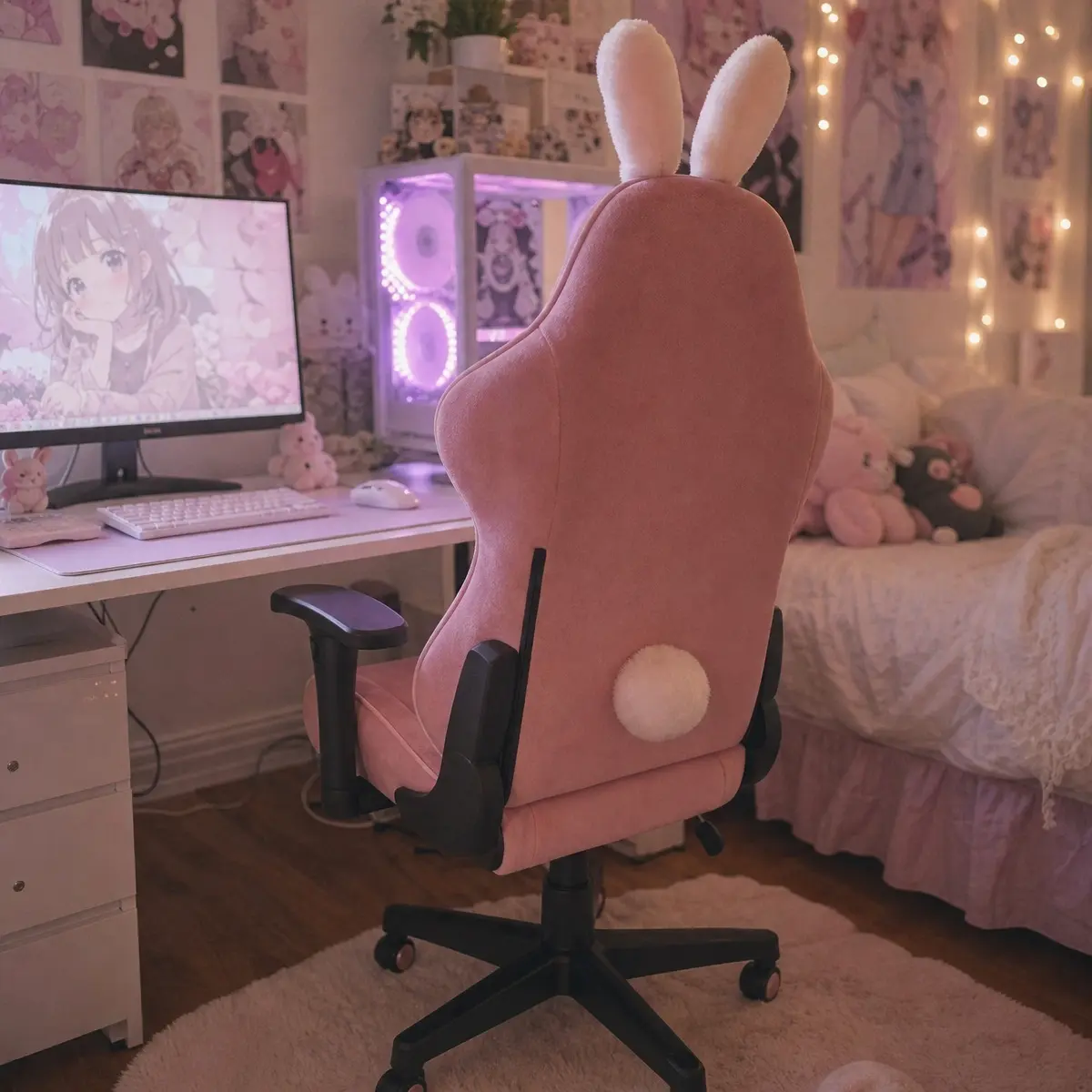 Premium pink gaming chair with bunny ears and fluffy tail in a cozy anime room