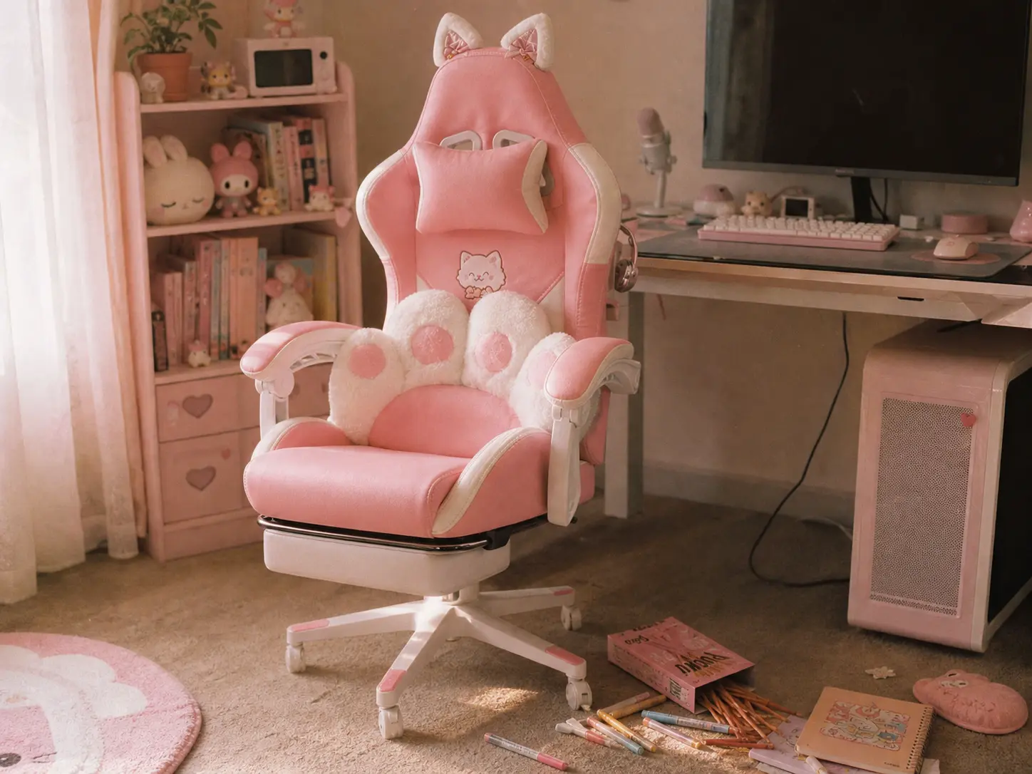 Cozy budget pastel pink desk chair in a kawaii room with scattered pocky