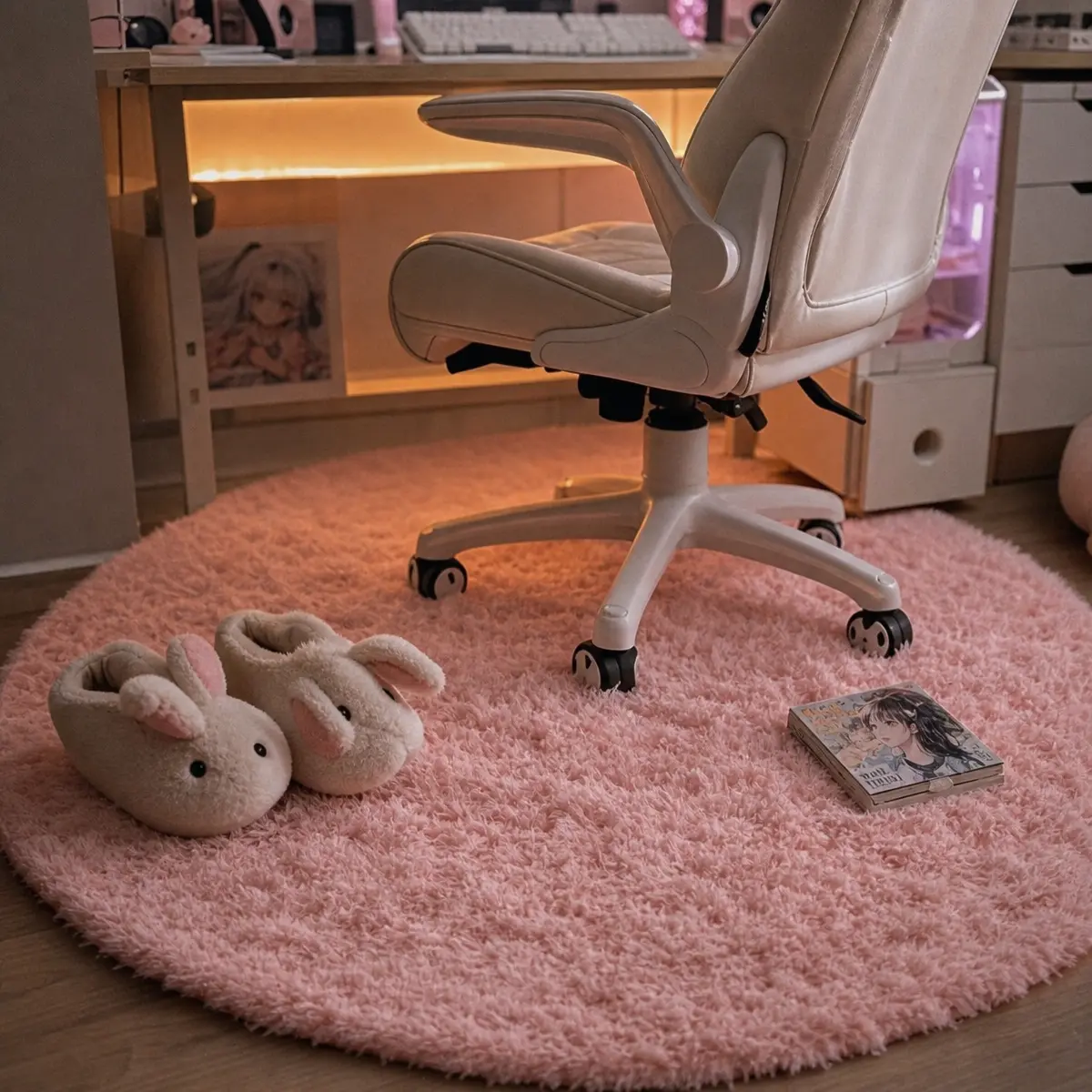 Fluffy pastel pink desk rug under a gaming chair with cute slippers