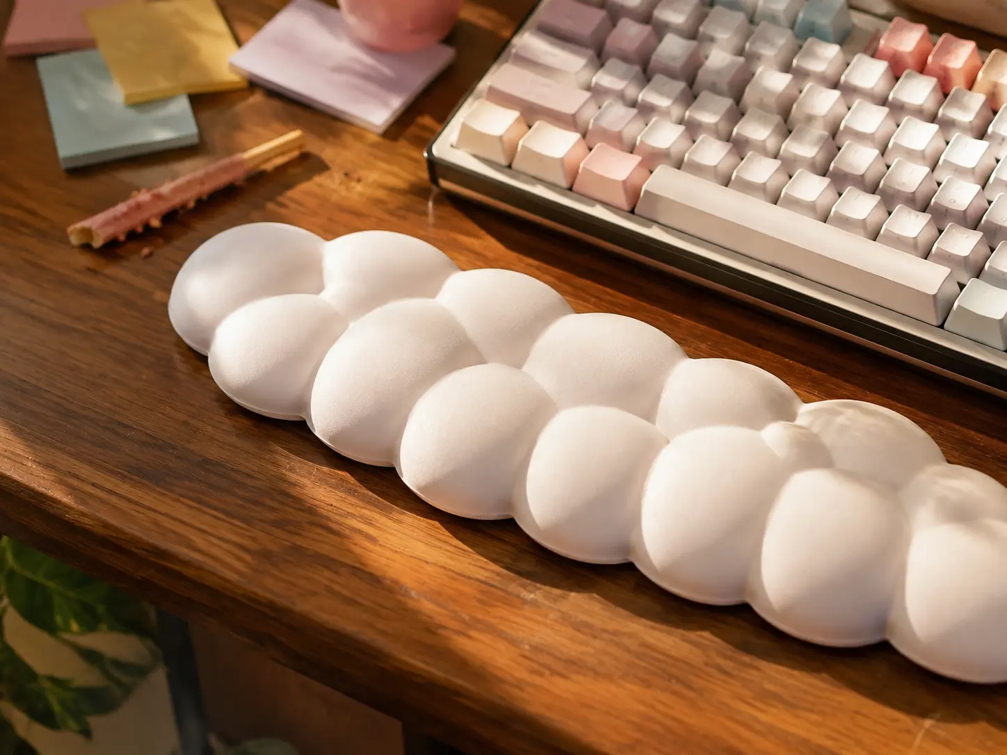 White cloud keyboard wrist rest on a cozy desk setup