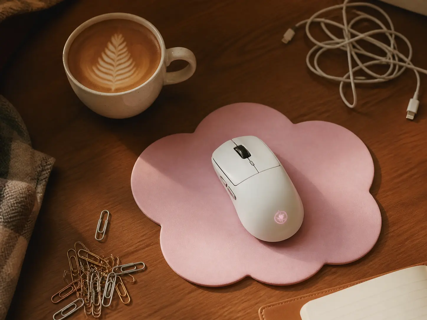 Pastel pink cloud ergonomic mouse pad with wireless mouse