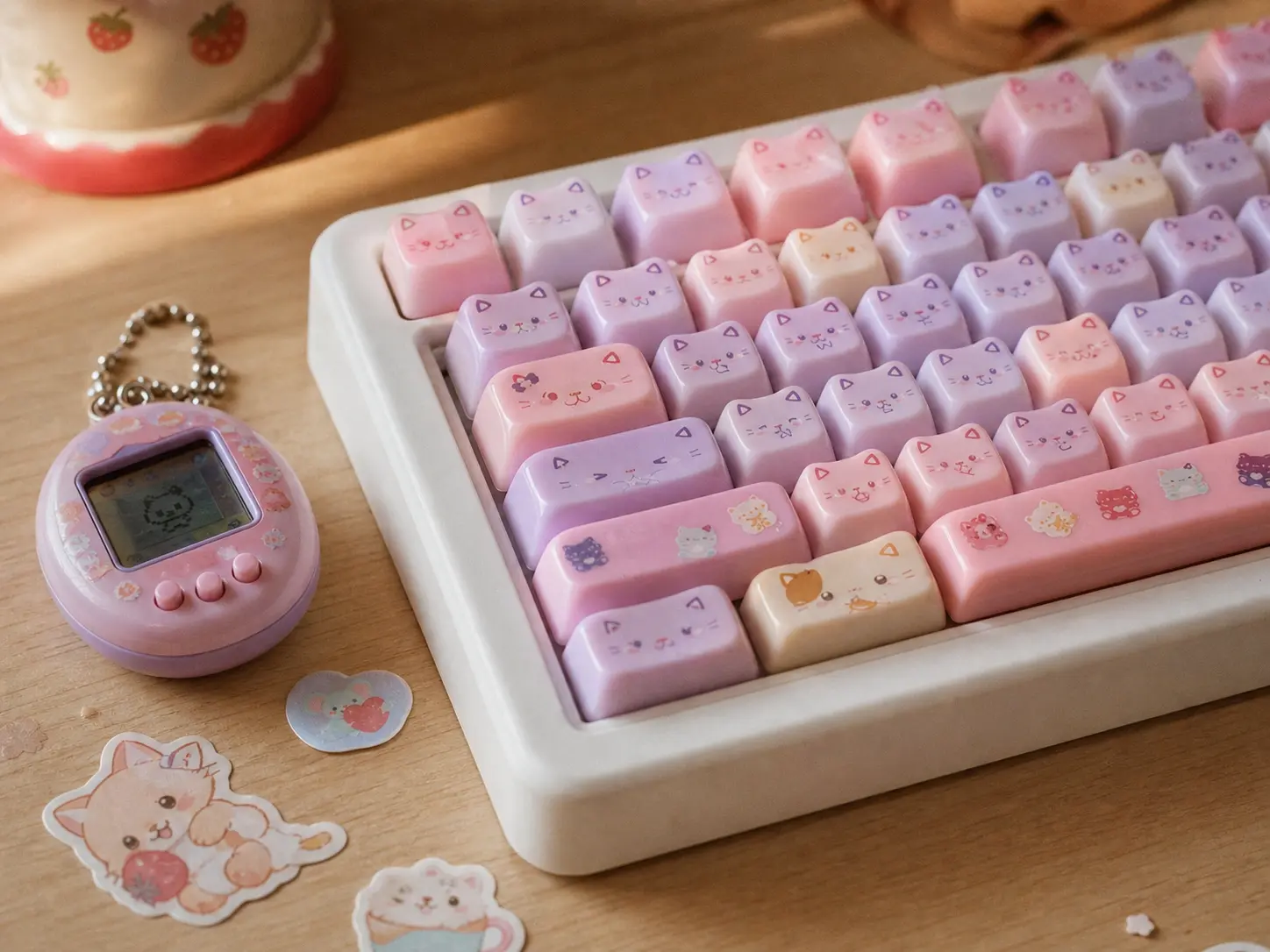 Photorealistic close-up of chunky pastel pink kawaii cat-themed keycaps on a light wood desk