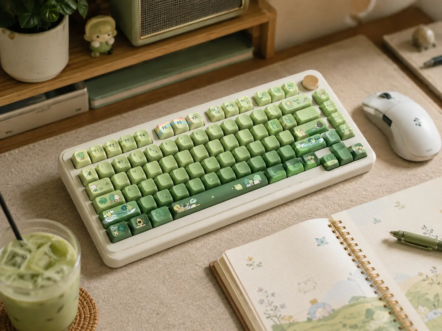 Matcha green and milk white cute keycaps on a mechanical keyboard next to an iced matcha latte