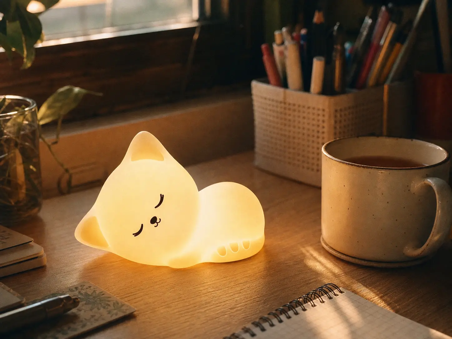 Photorealistic close-up of a squishy glowing silicone cat lamp on a light wood desk bathed in warm golden hour afternoon sunlight