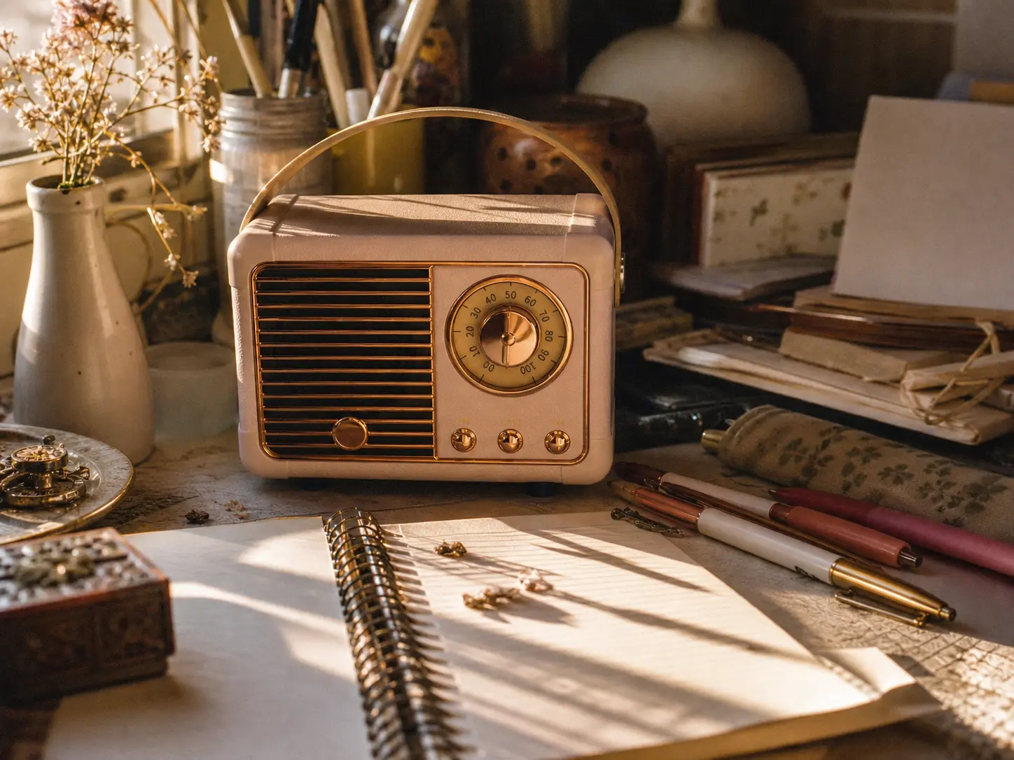 Photorealistic angled photograph of a cute pastel vintage-style mini bluetooth speaker sitting on a cluttered cozy desk setup
