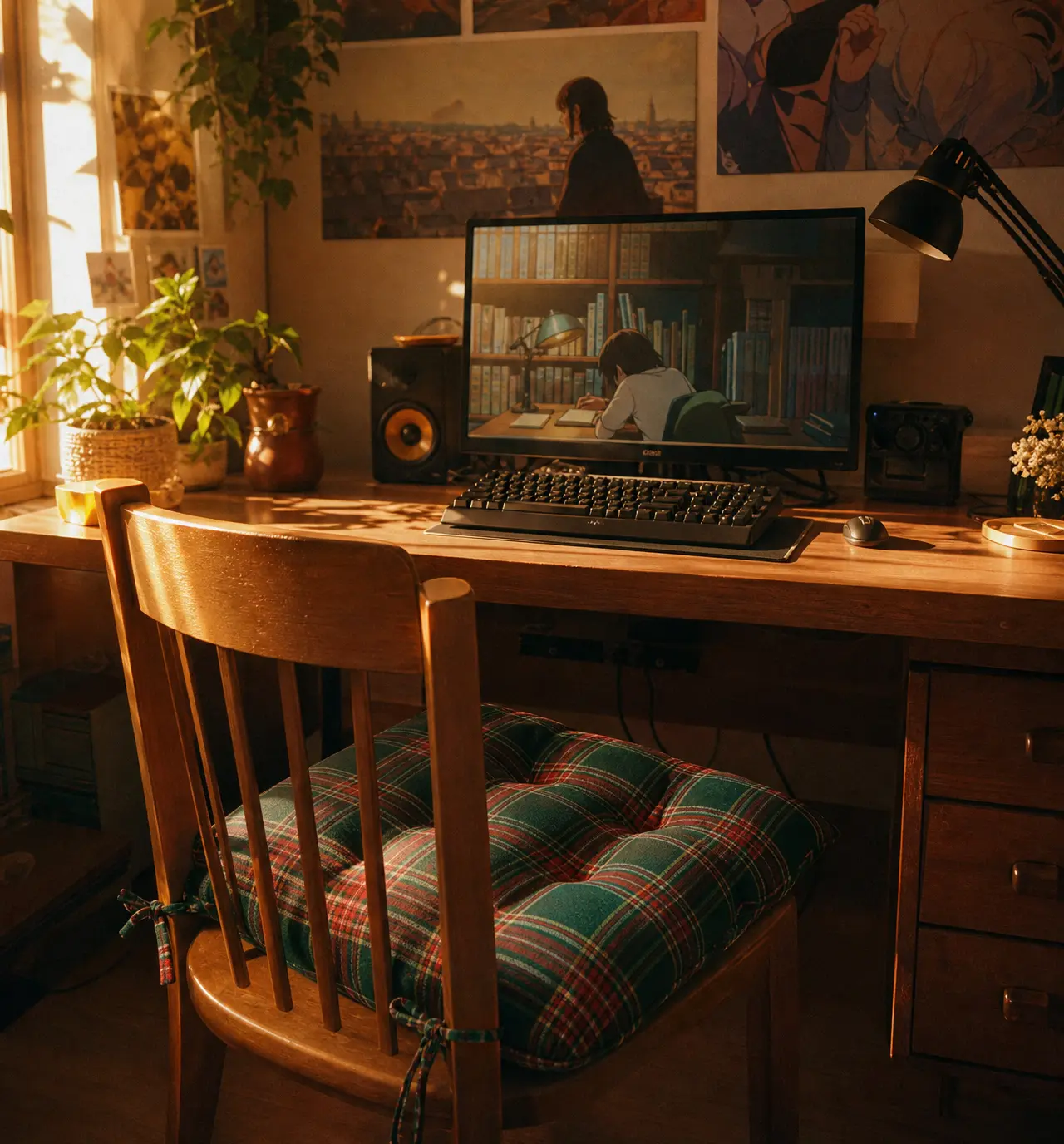 Photorealistic shot of a soft green plaid seat cushion resting on a wooden desk chair bathed in golden hour sunlight