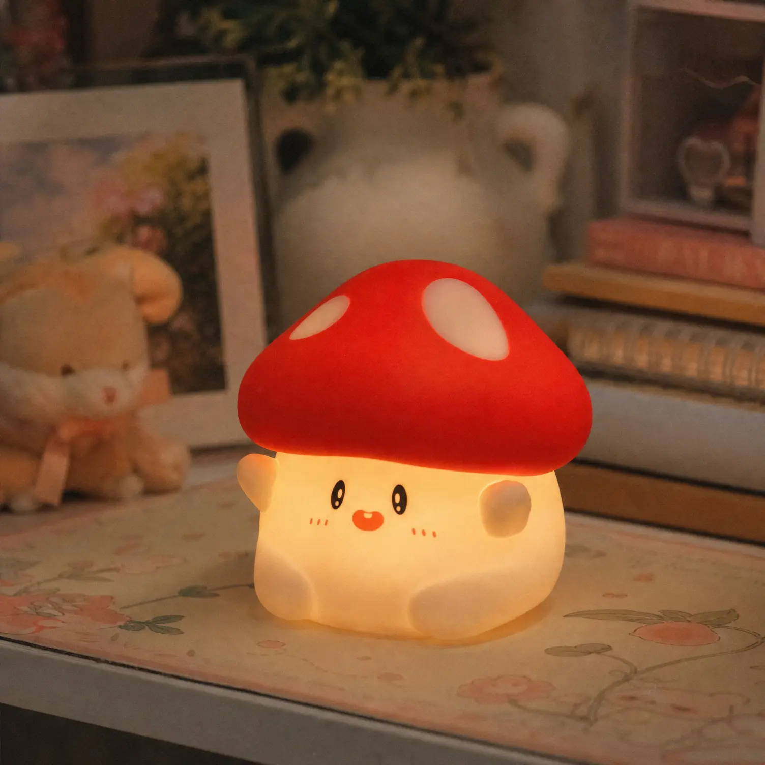 Photorealistic shot of a cute cottagecore style small mushroom lamp sitting on a pastel desk mat
