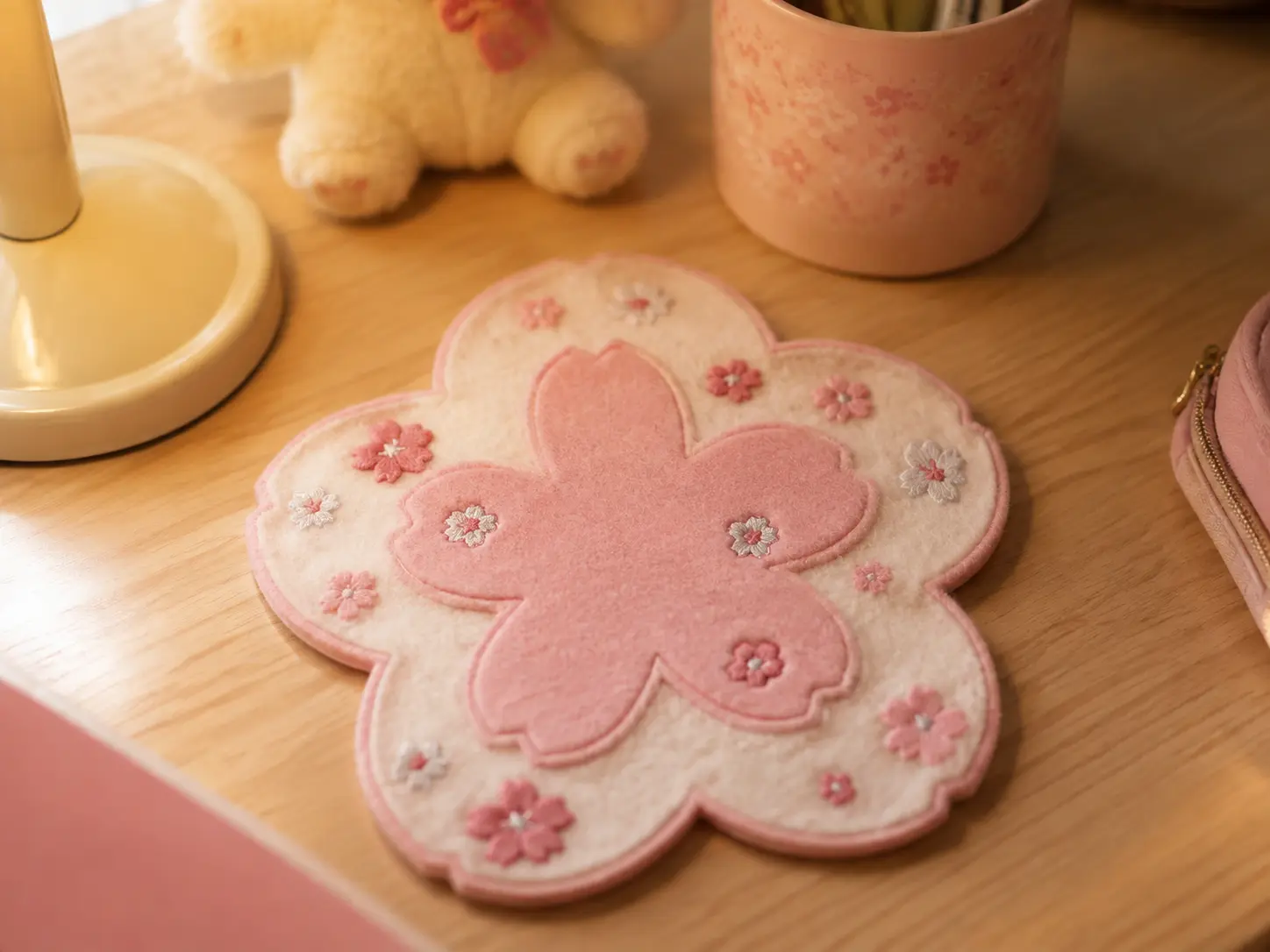 Photorealistic close-up of a fluffy pastel pink coaster sitting under a cozy desk lamp