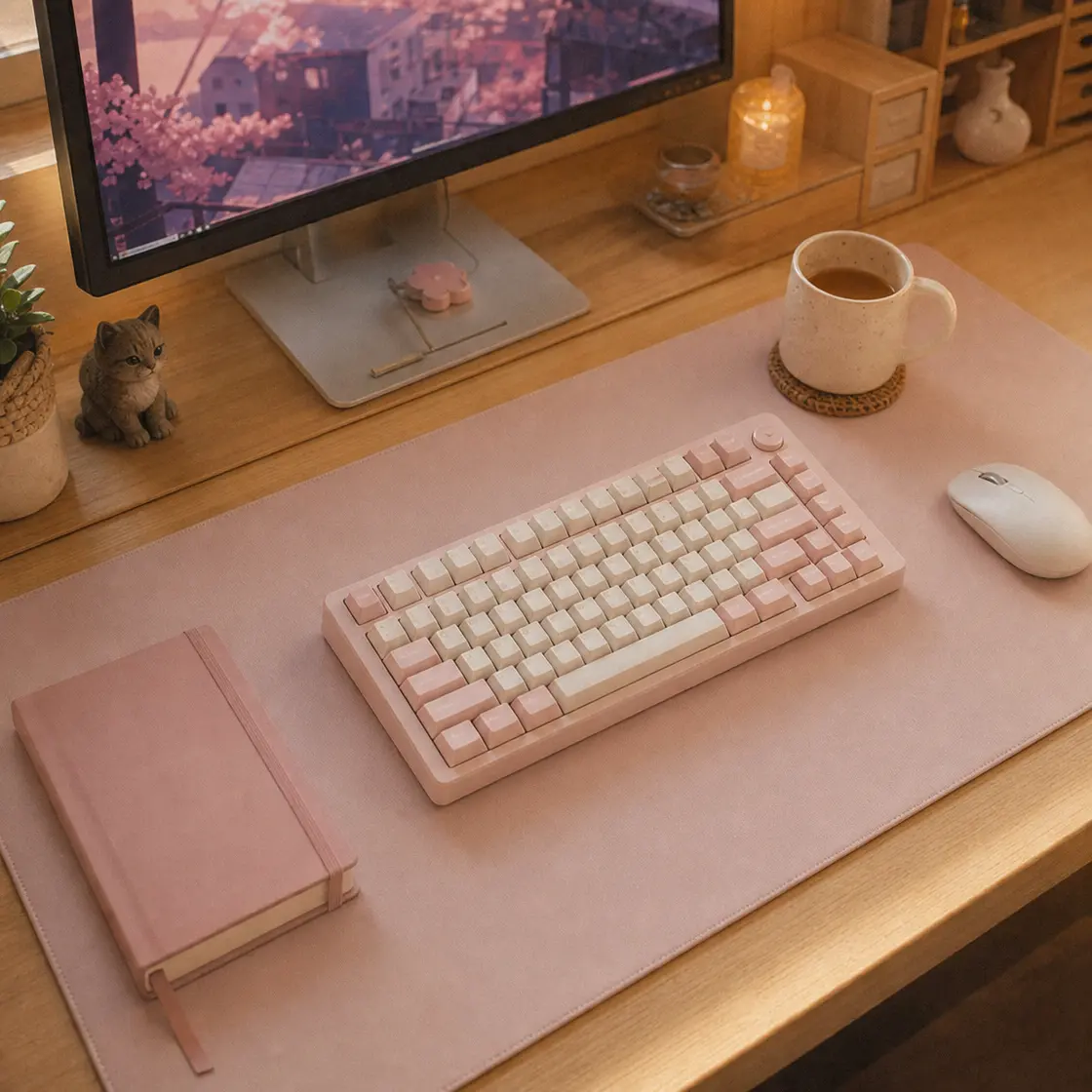 Photorealistic close-up of a large soft pastel desk mat on a light wood desk with a cute mechanical keyboard