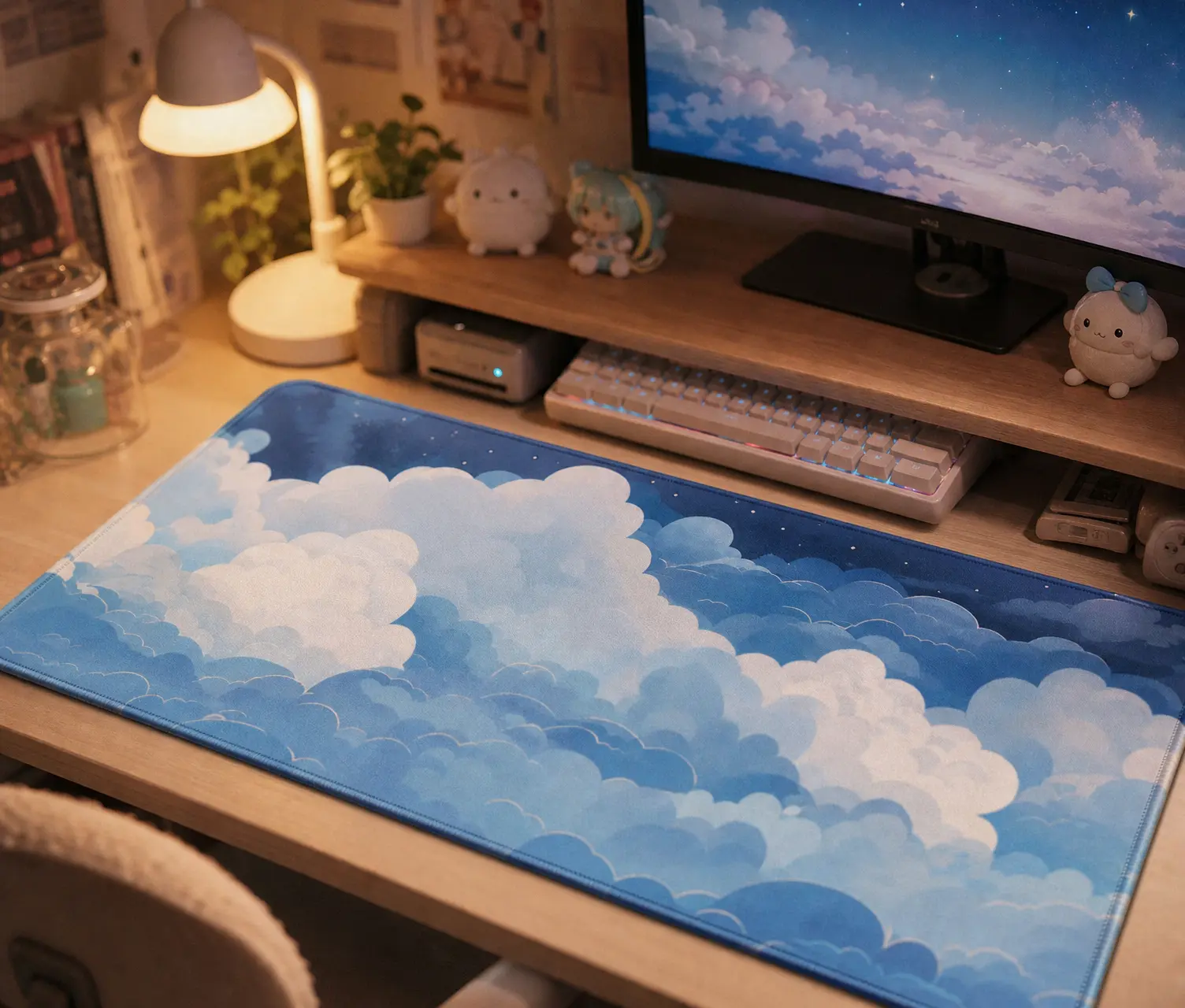 Photorealistic shot of a cute cloud-shaped desk mat on a cozy gaming desk with pastel aesthetic