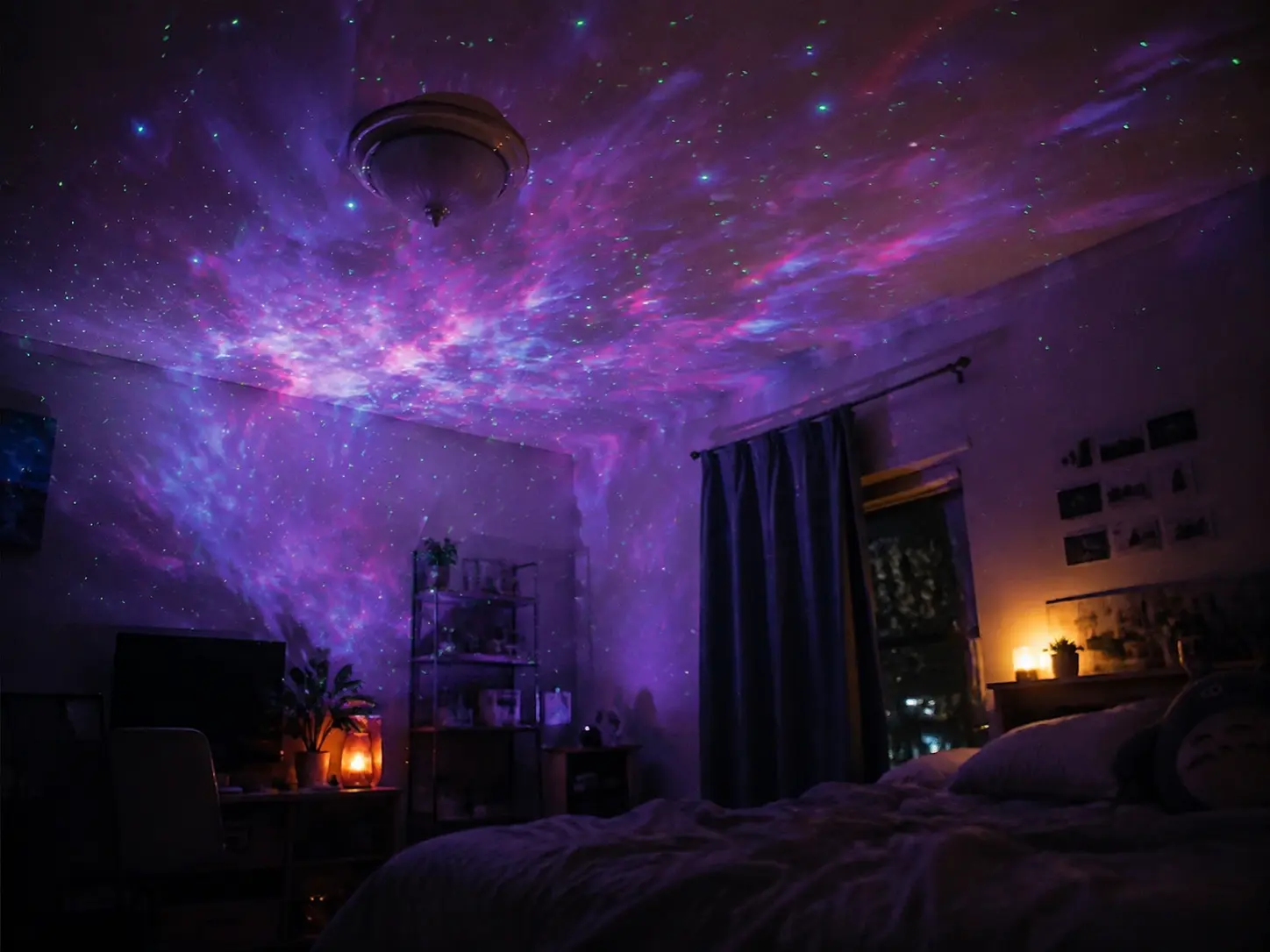 Cozy dark anime bedroom illuminated by a soft galaxy star projector