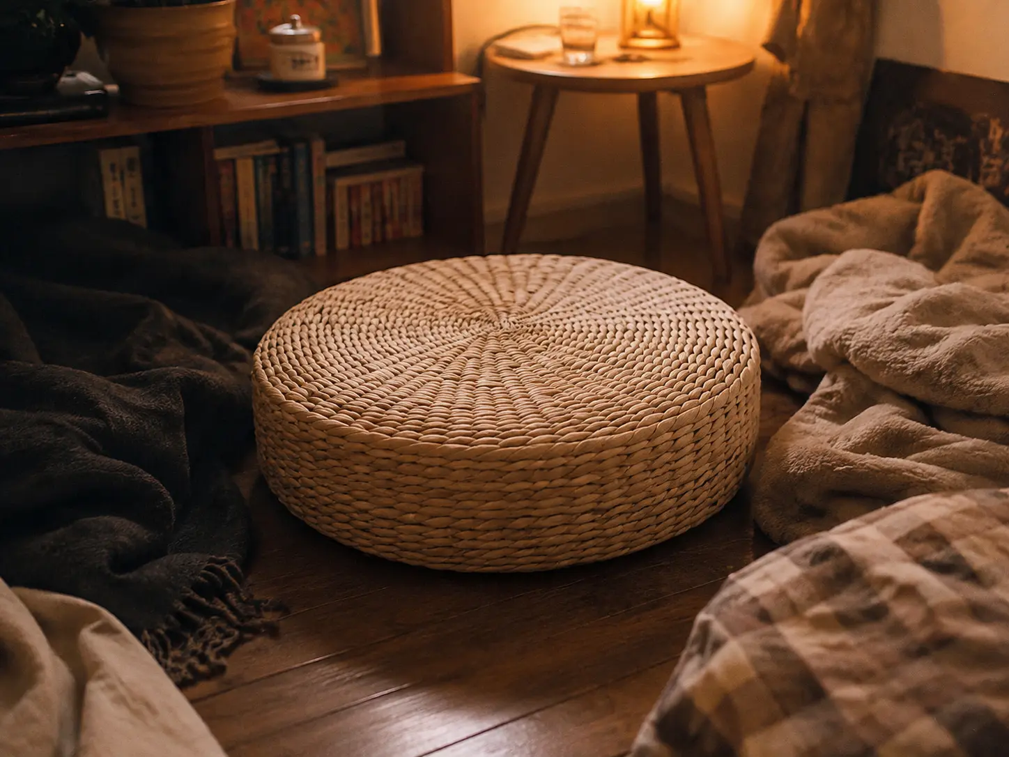 Thick cozy chunky knit floor cushion in a warm aesthetic room