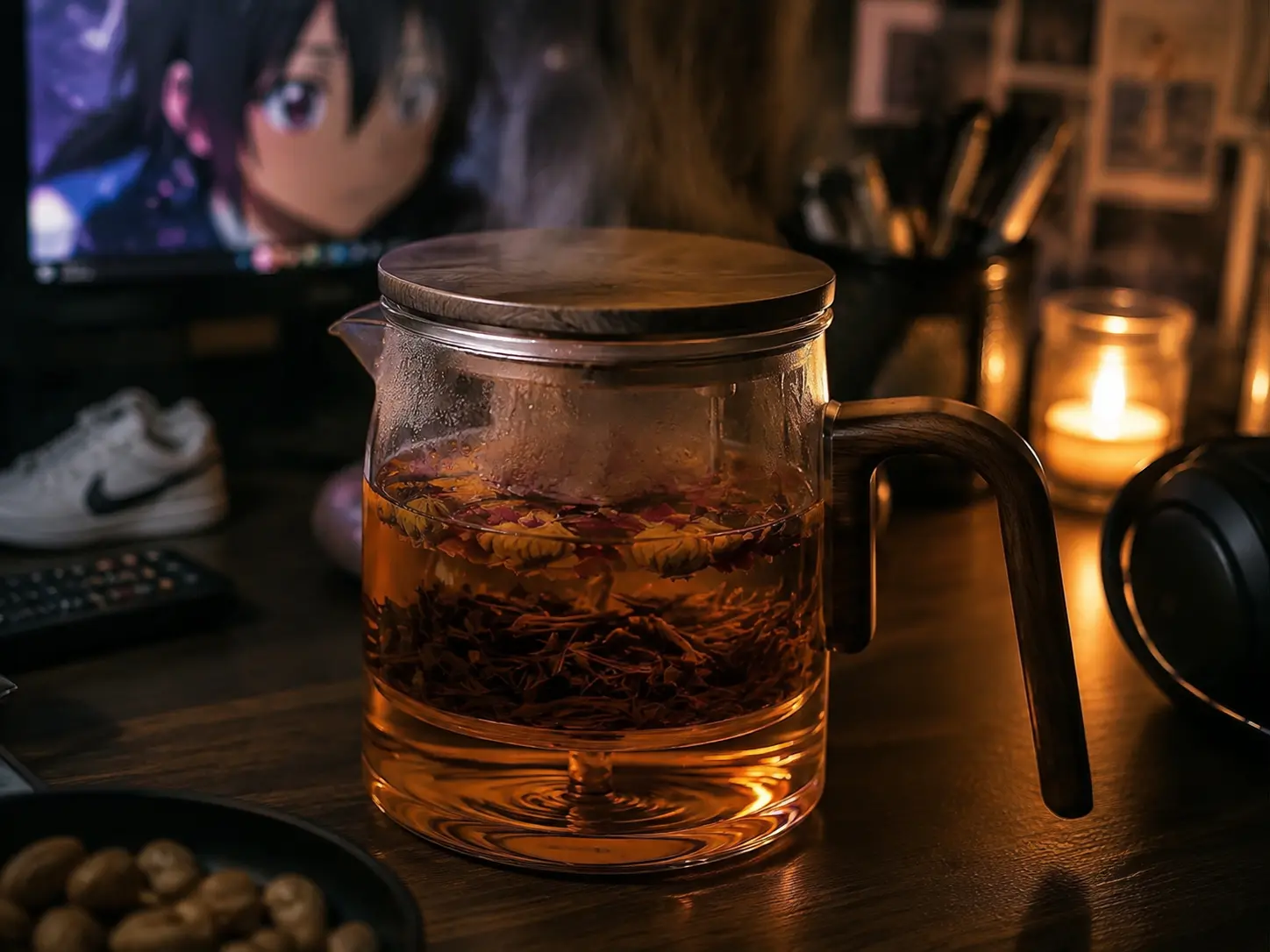Cute aesthetic clear glass tea mug with a wooden handle filled with hot tea