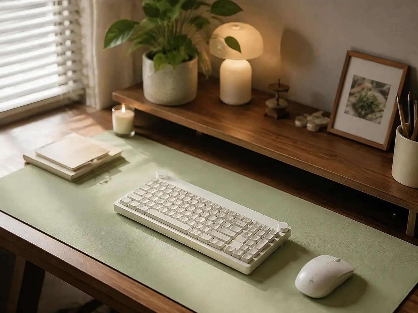 Cozy aesthetic desk setup featuring a large soft matcha green extended desk mat