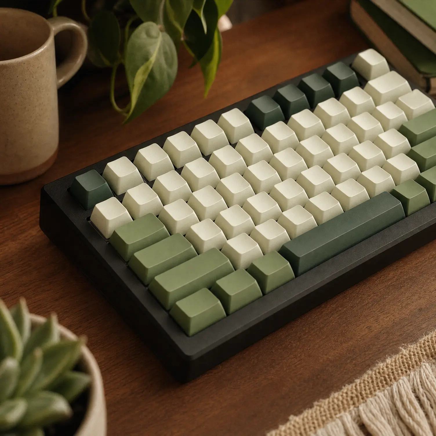 Mechanical keyboard with matcha green and cream white custom keycaps