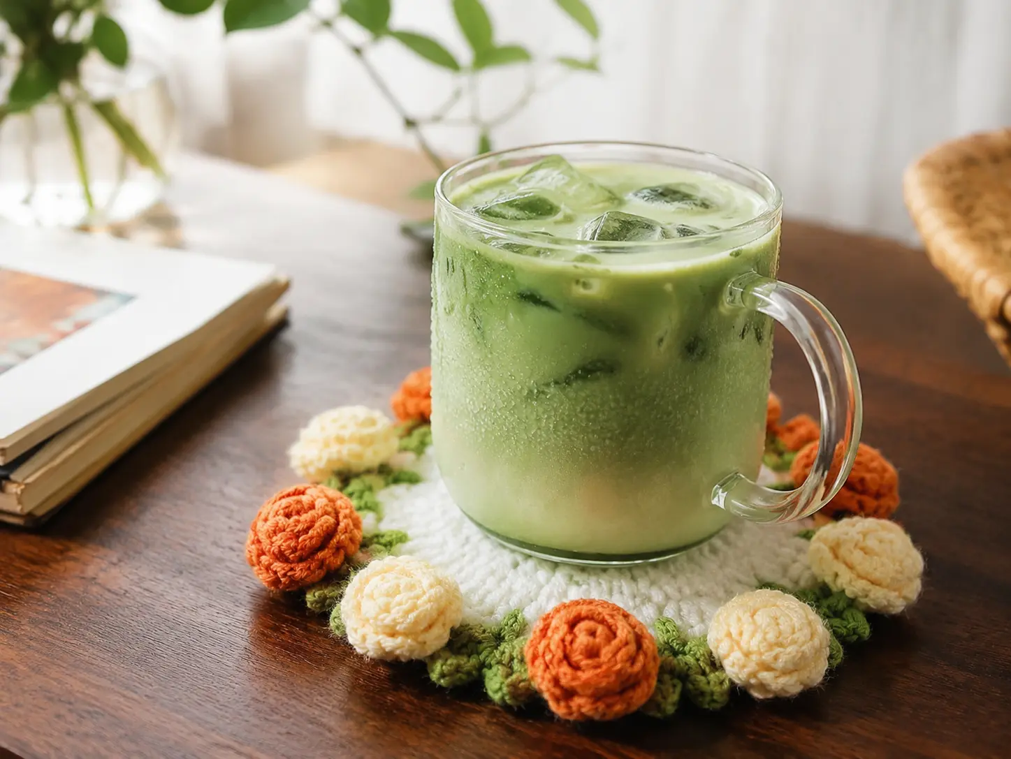 Soft cute botanical leaf shaped coaster on a desk holding an iced matcha latte