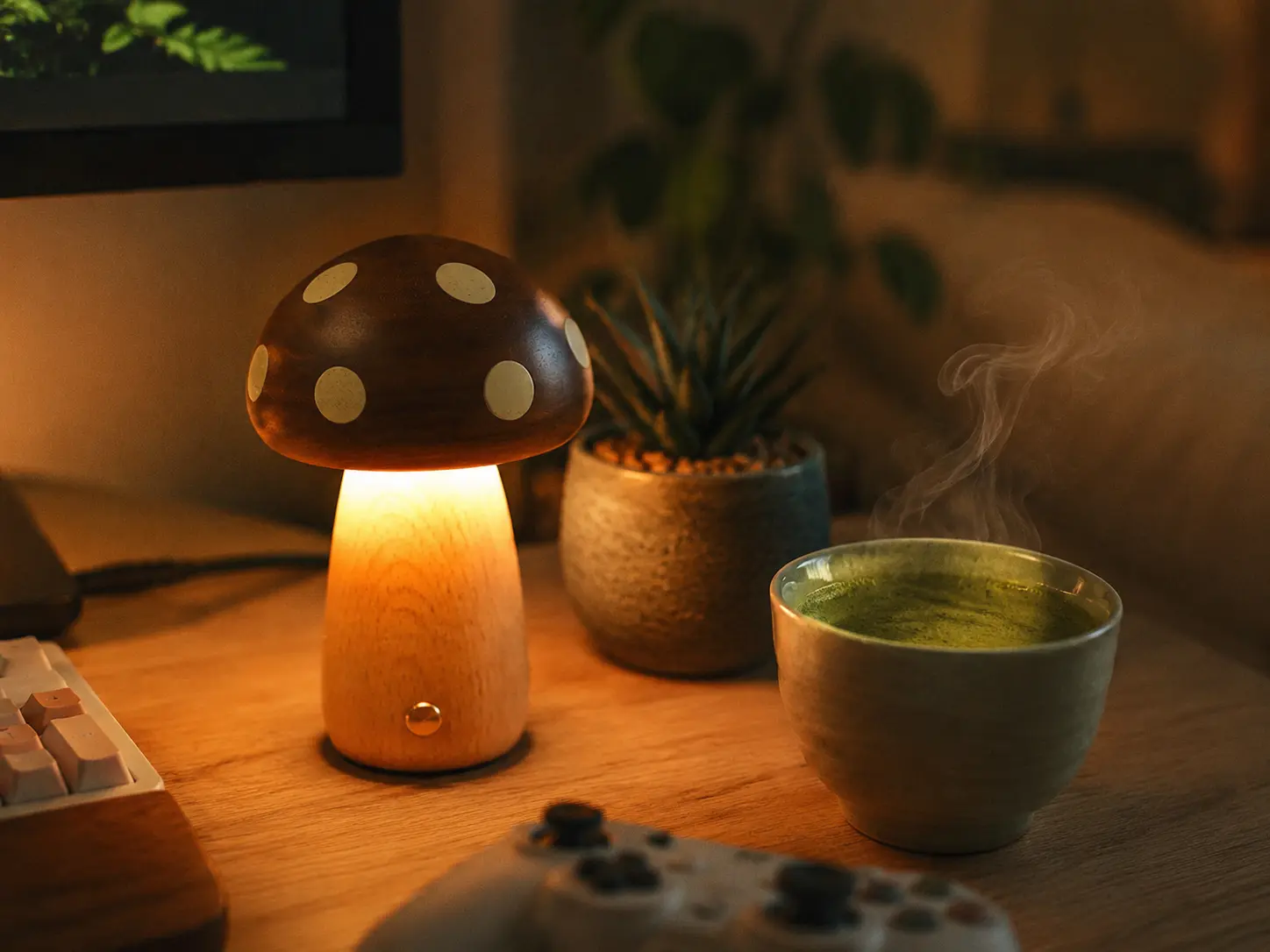 Aesthetic mushroom lamp on a matcha green botanical gaming desk