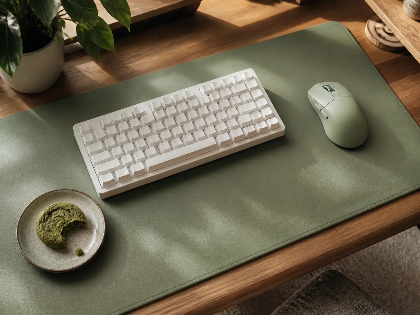 Creamy matcha green desk mat with a white mechanical keyboard
