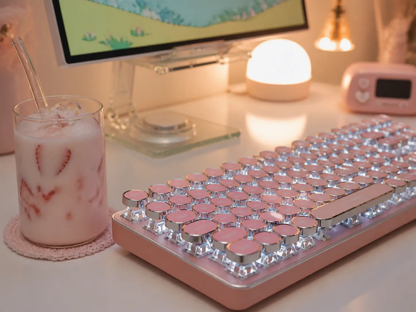 Retro pink typewriter style mechanical keyboard on a white gaming desk
