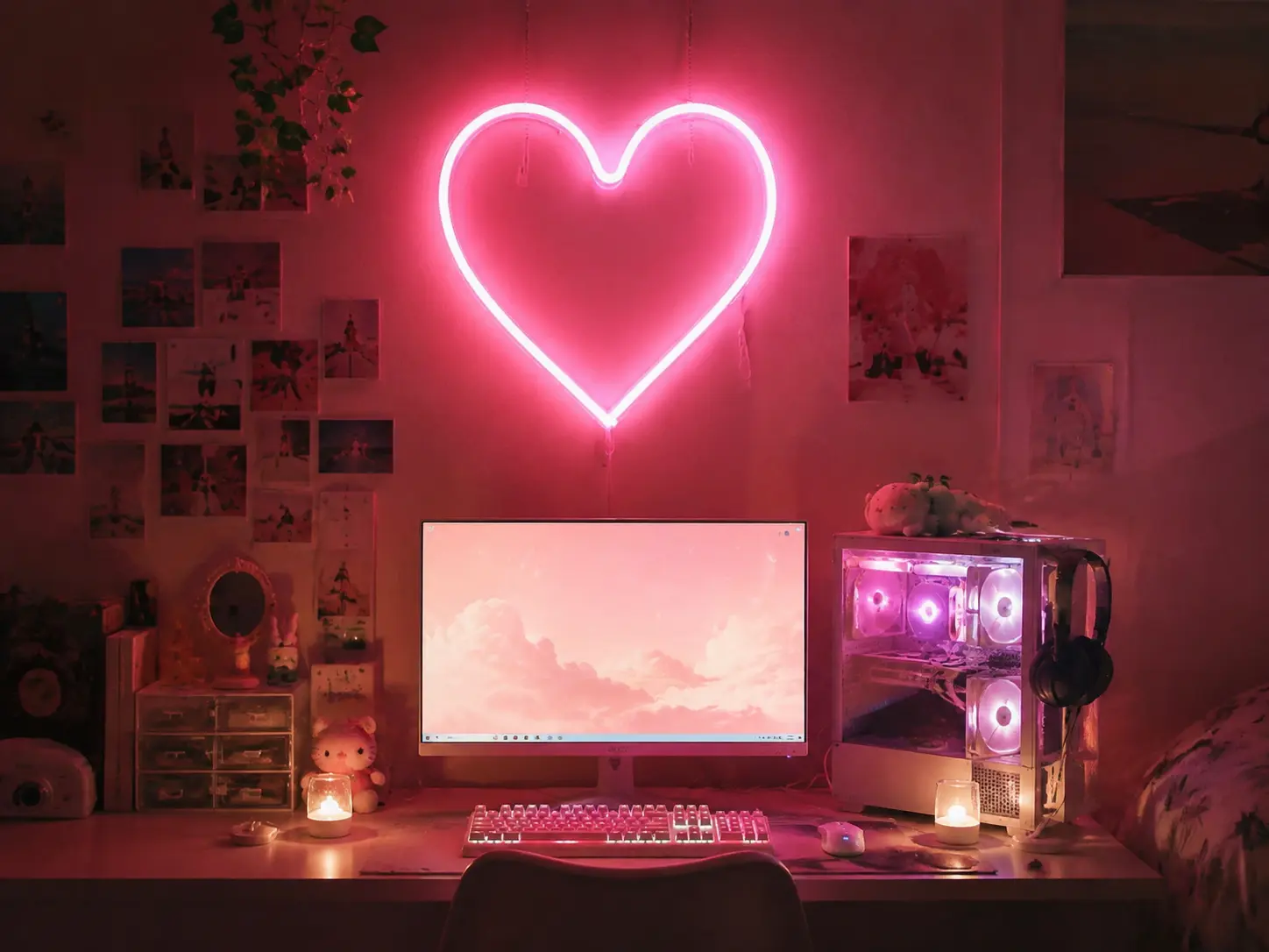 Pink neon heart sign illuminating a cozy Y2K gamer girl desk setup