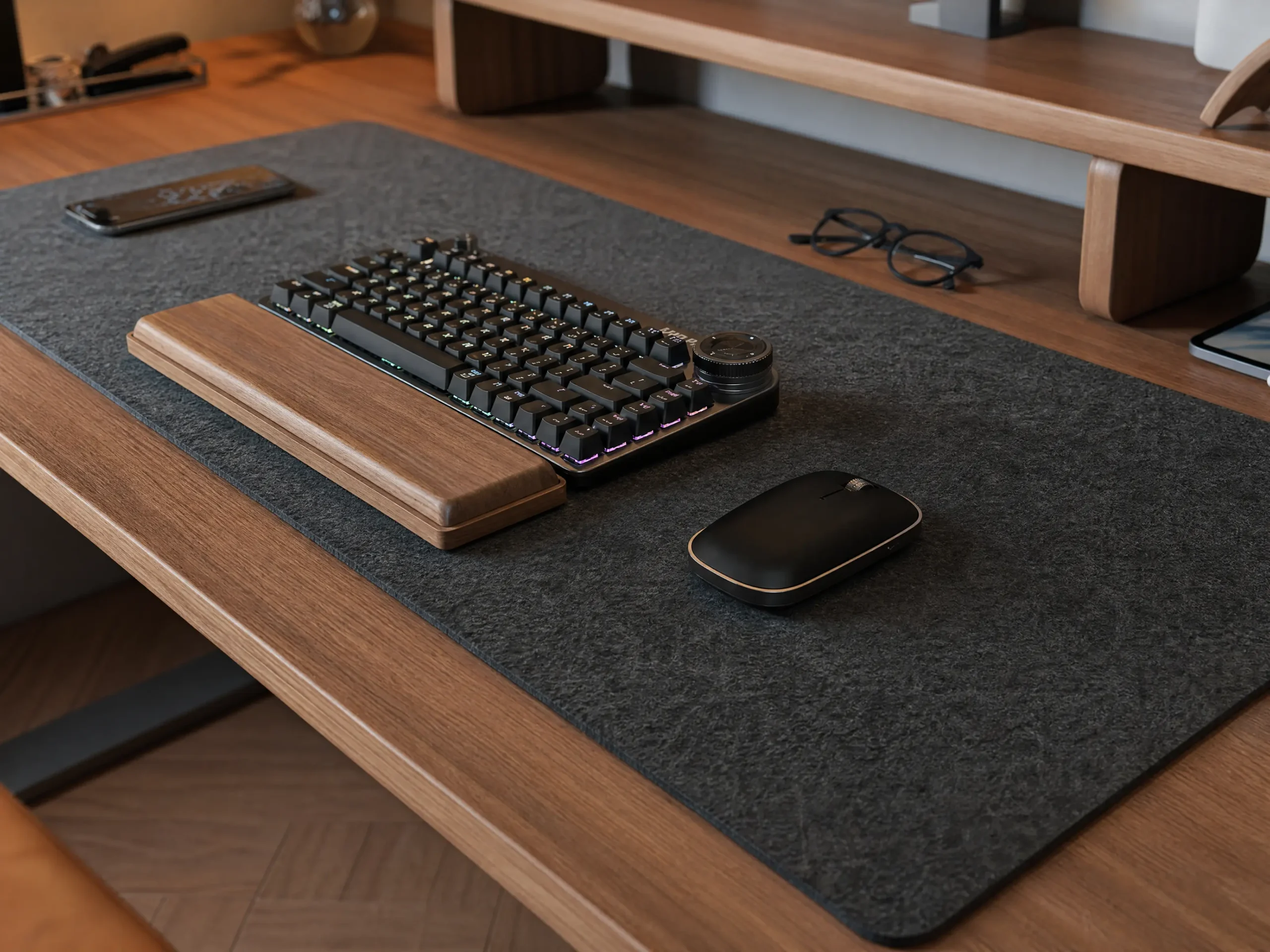 Premium cozy wool felt desk mat for keyboard and mouse