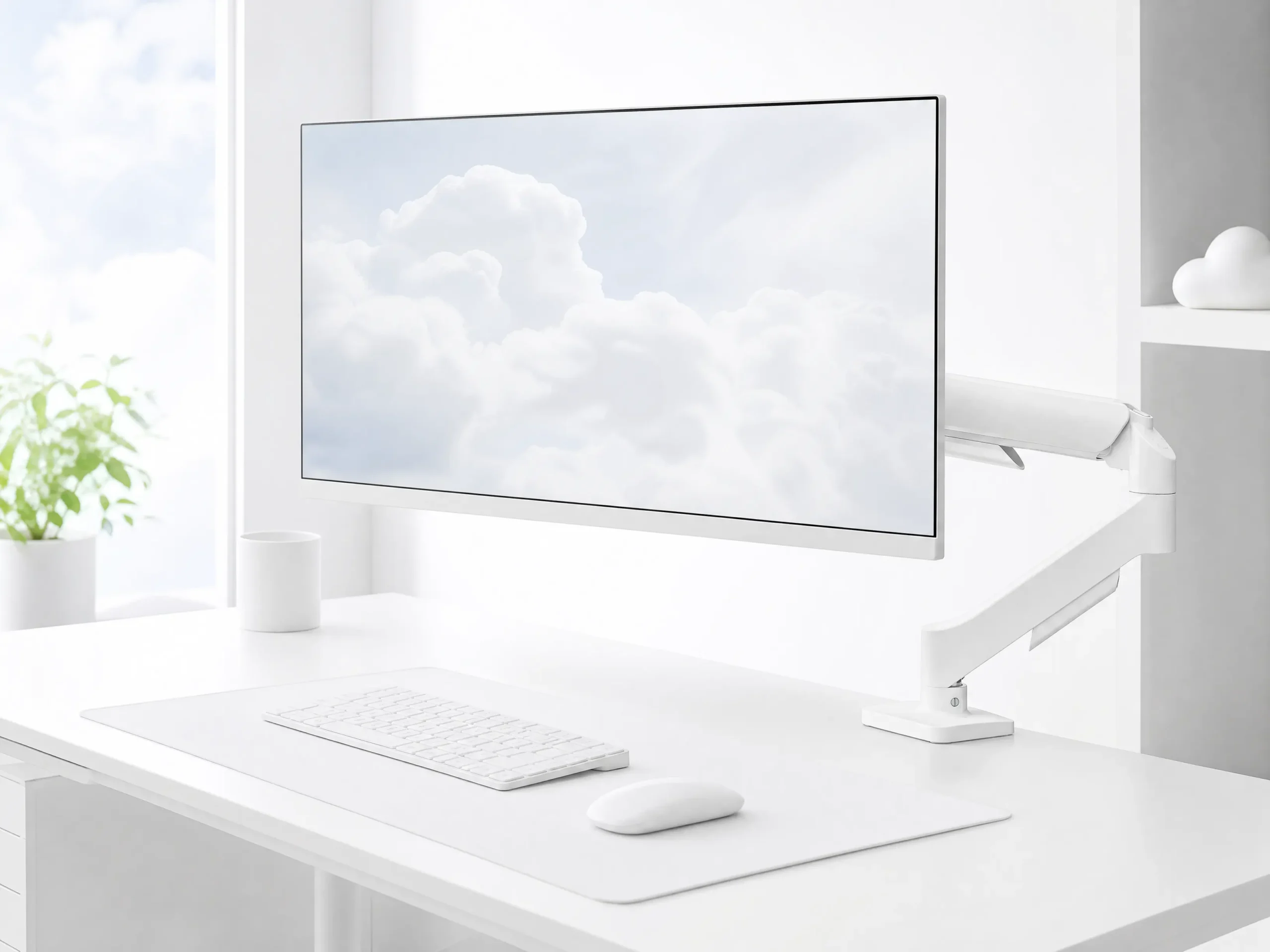 White monitor arm desk mount for minimalist workspace
