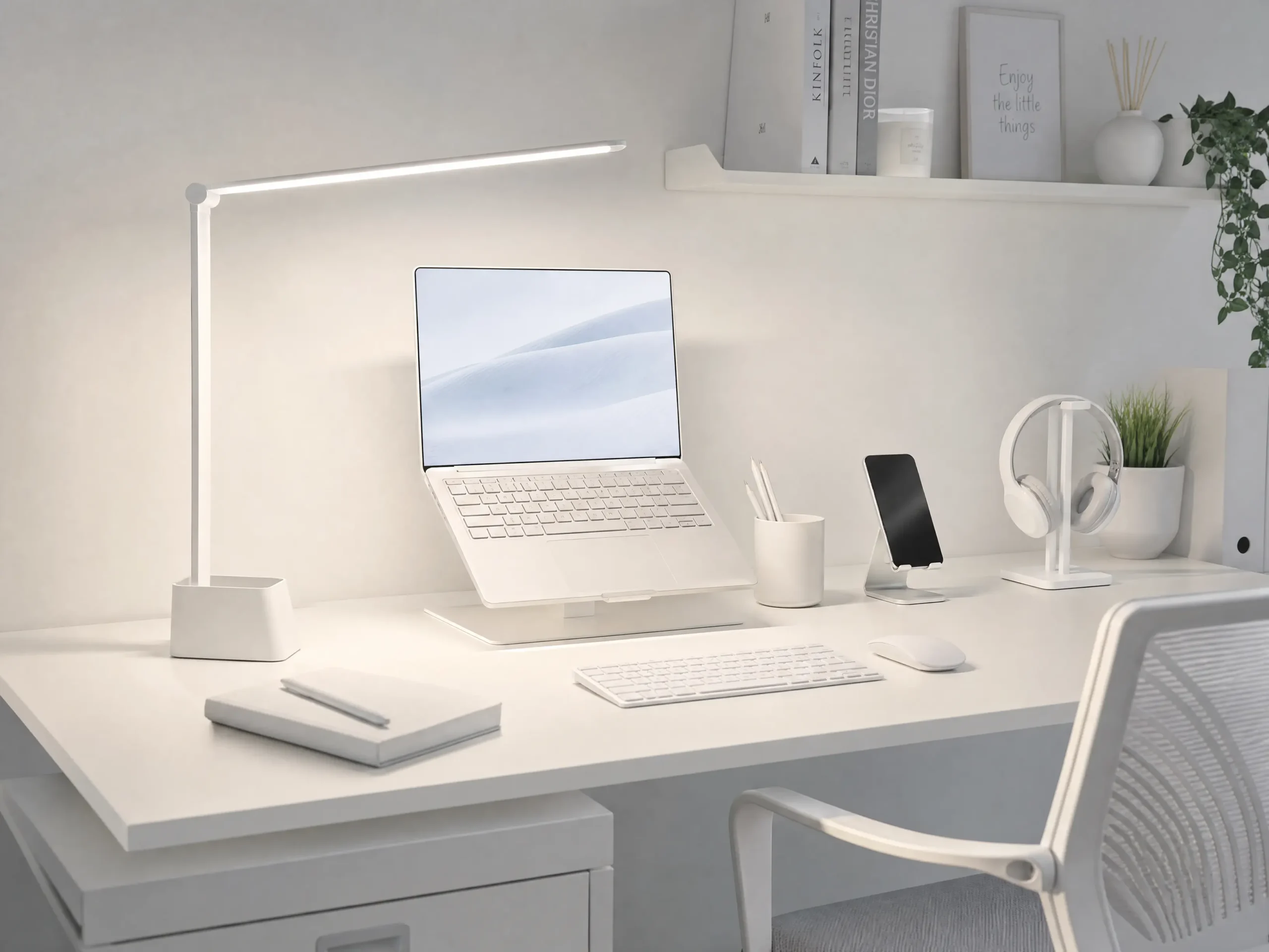 Minimalist white LED desk lamp for clean desk setup