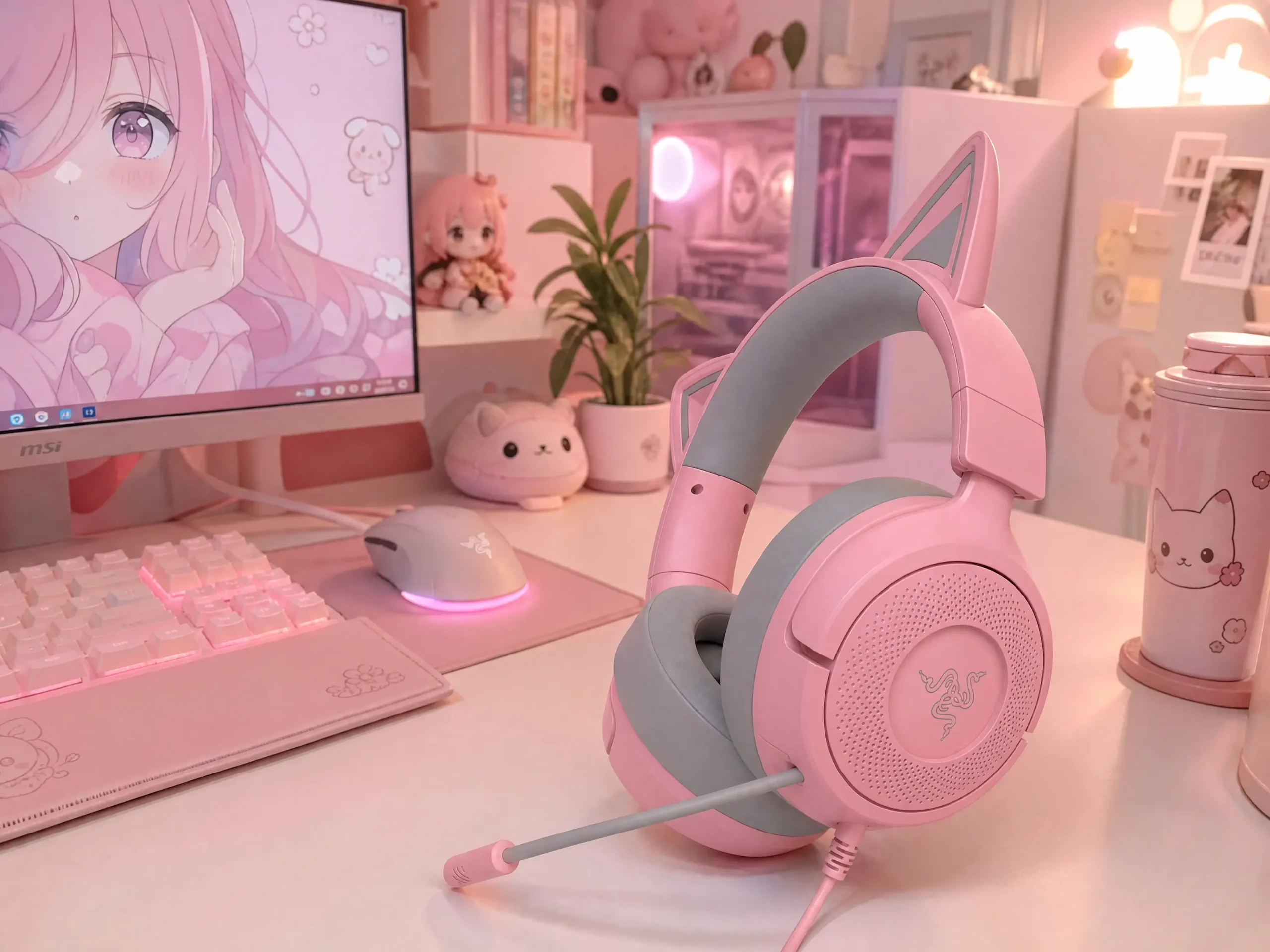 Cute pastel pink gaming headphones with cat ears