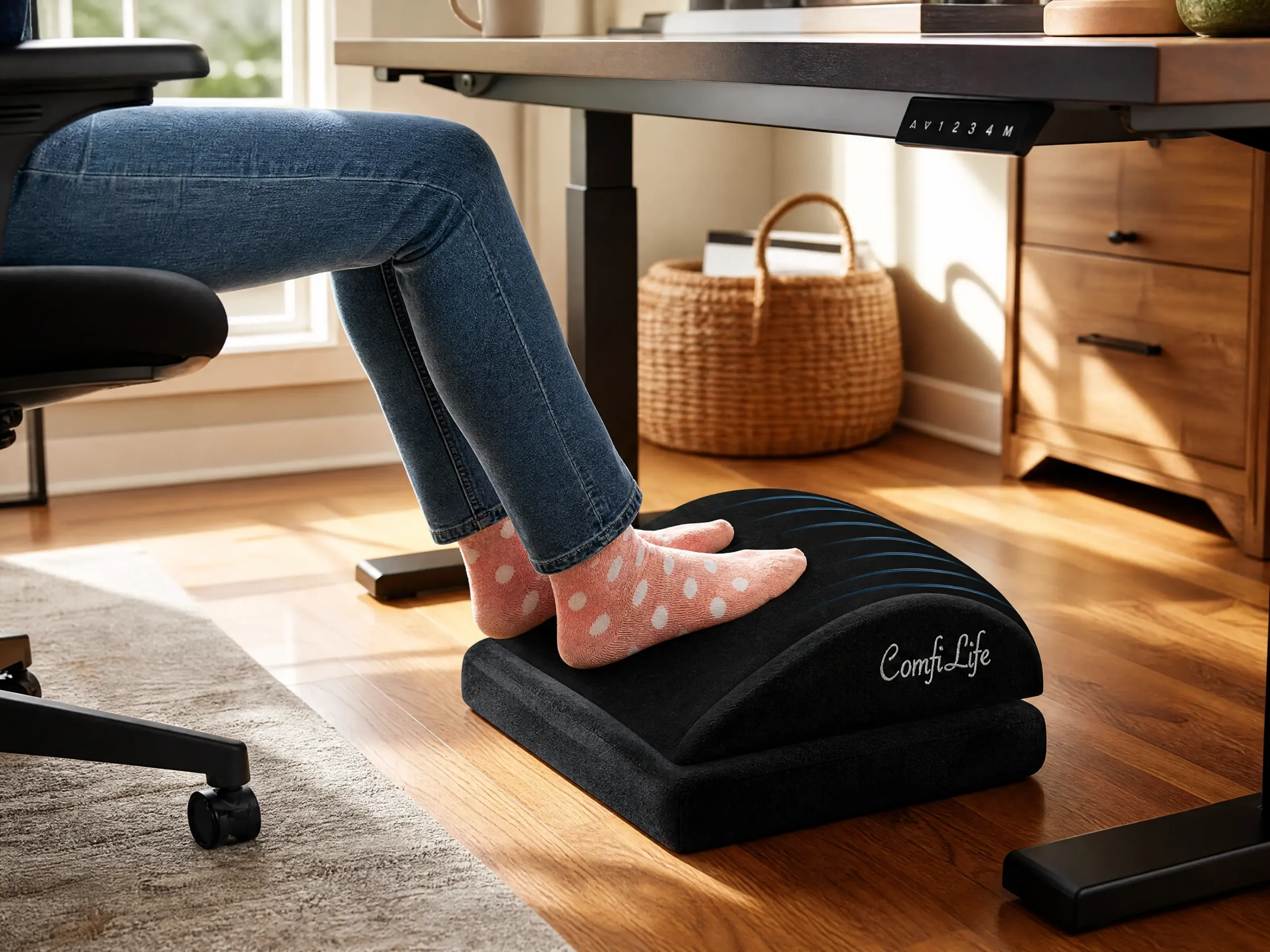 Premium black memory foam ergonomic under-desk footrest for posture