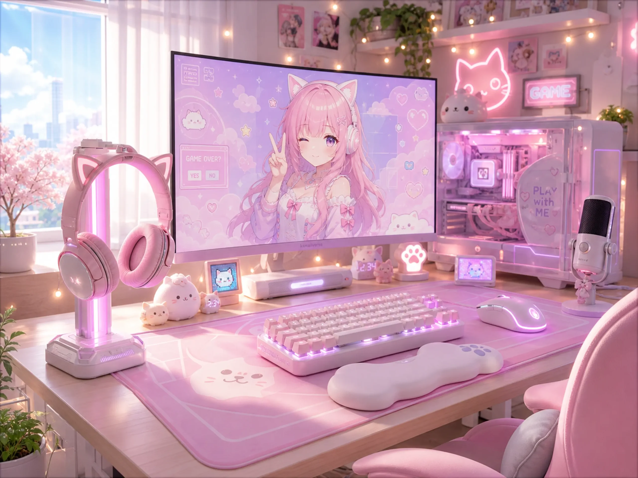 Pink RGB Headphone Stand for Cute Room Aesthetic
