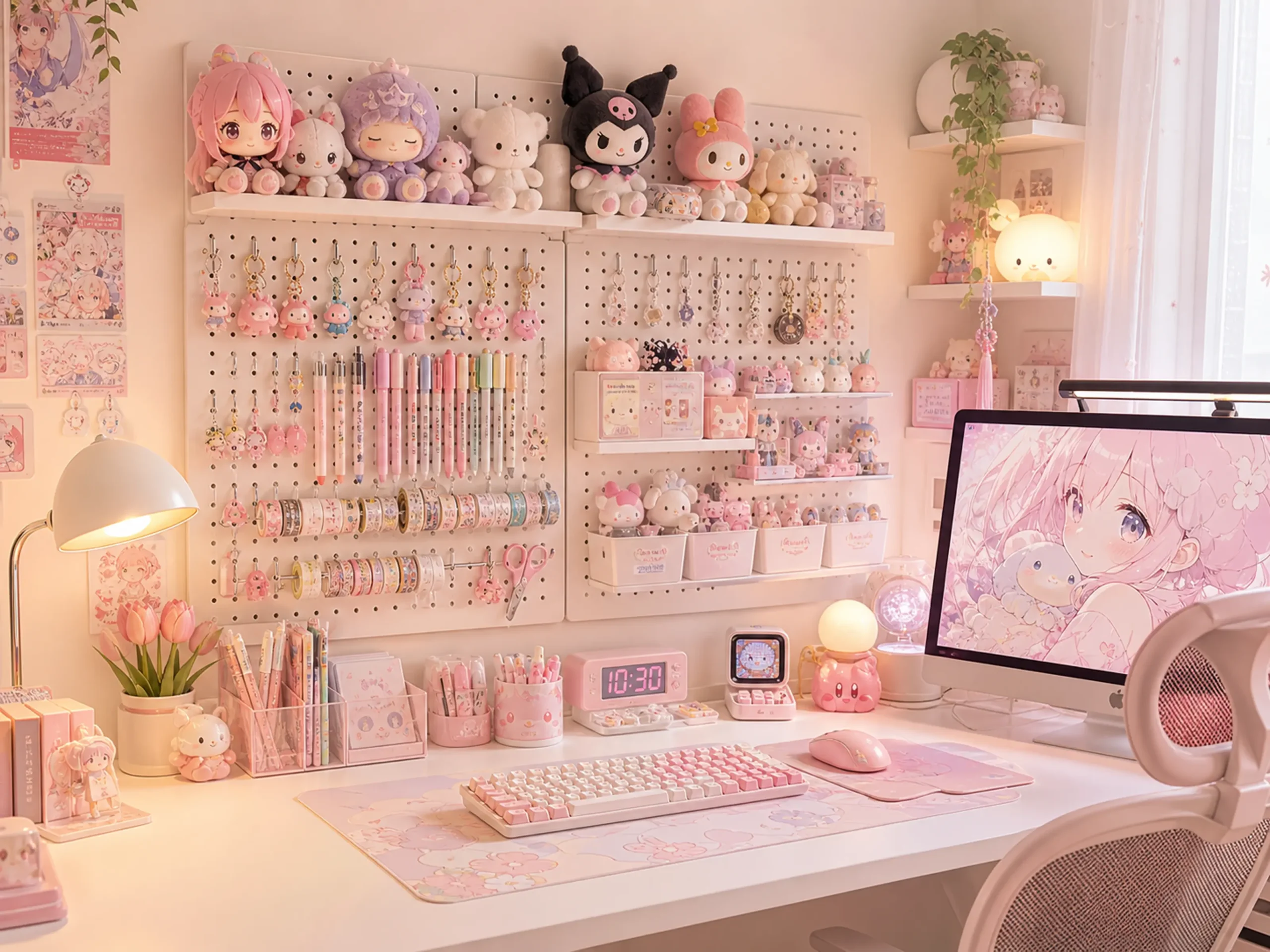 White Wall Pegboard Organizer Kit for Kawaii Desk Setup