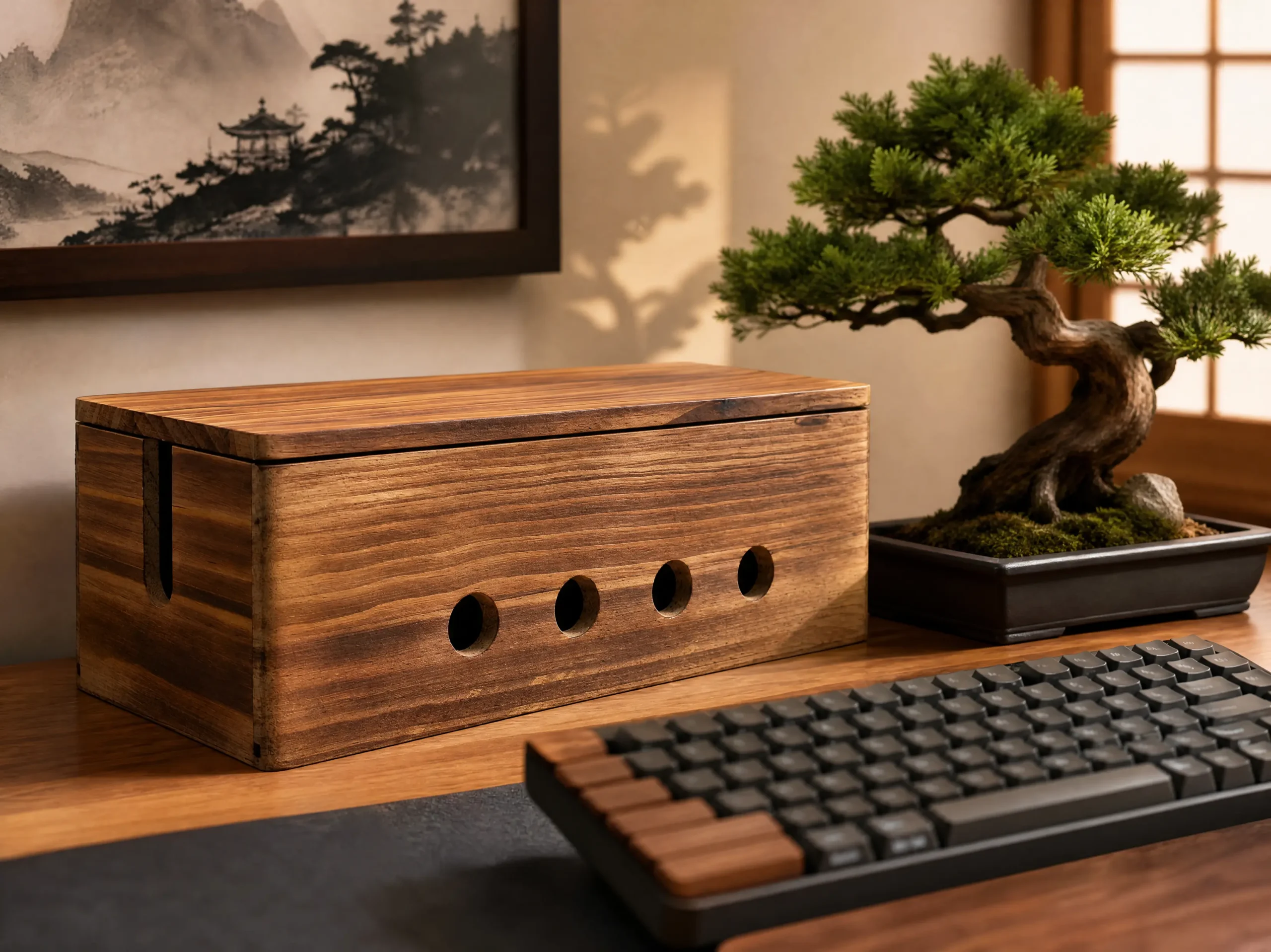 Wooden Cable Management Box for Zen Desk Setup