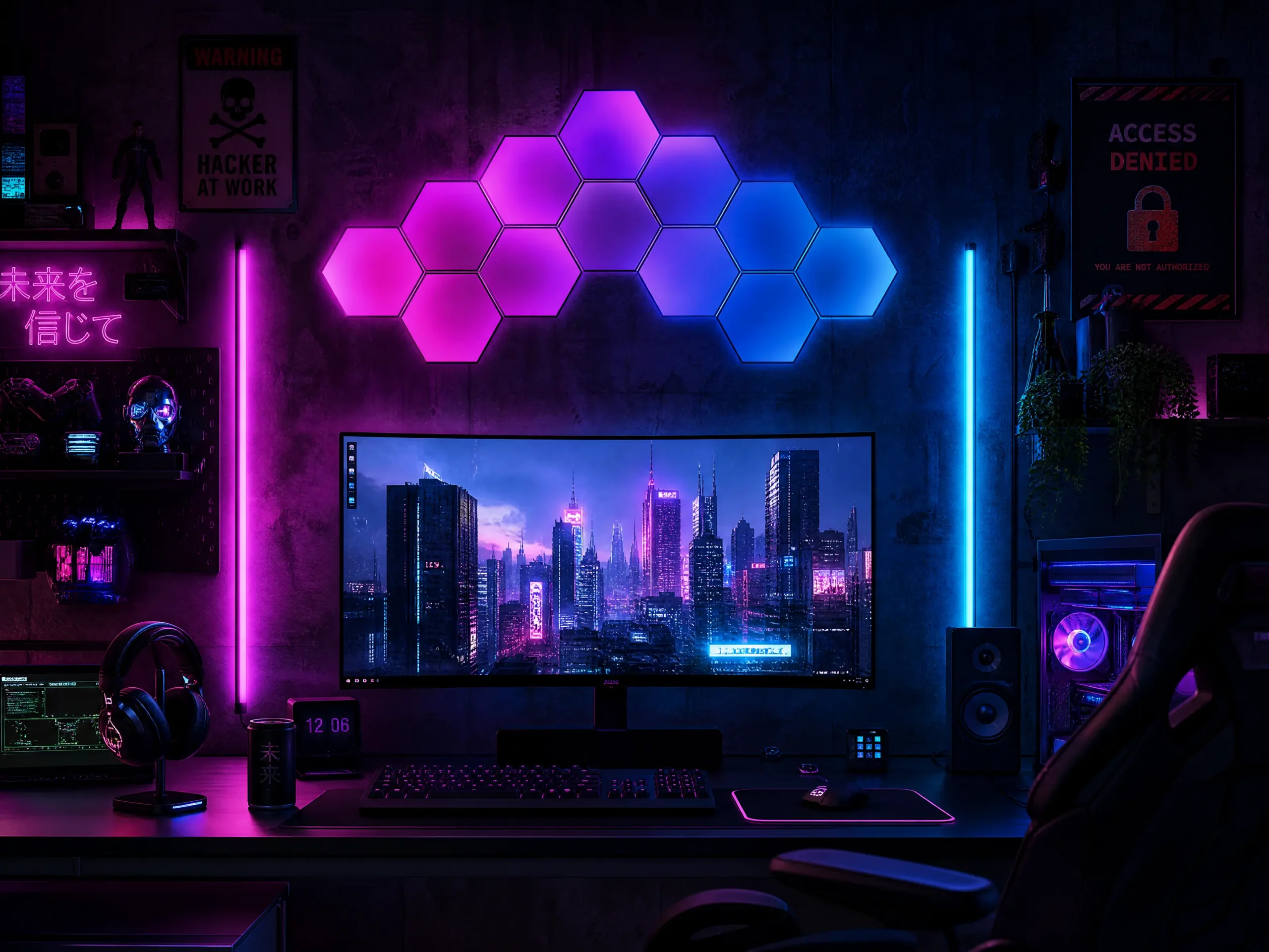 Smart RGB Hexagon Wall Light Panels in Neon Hacker Room