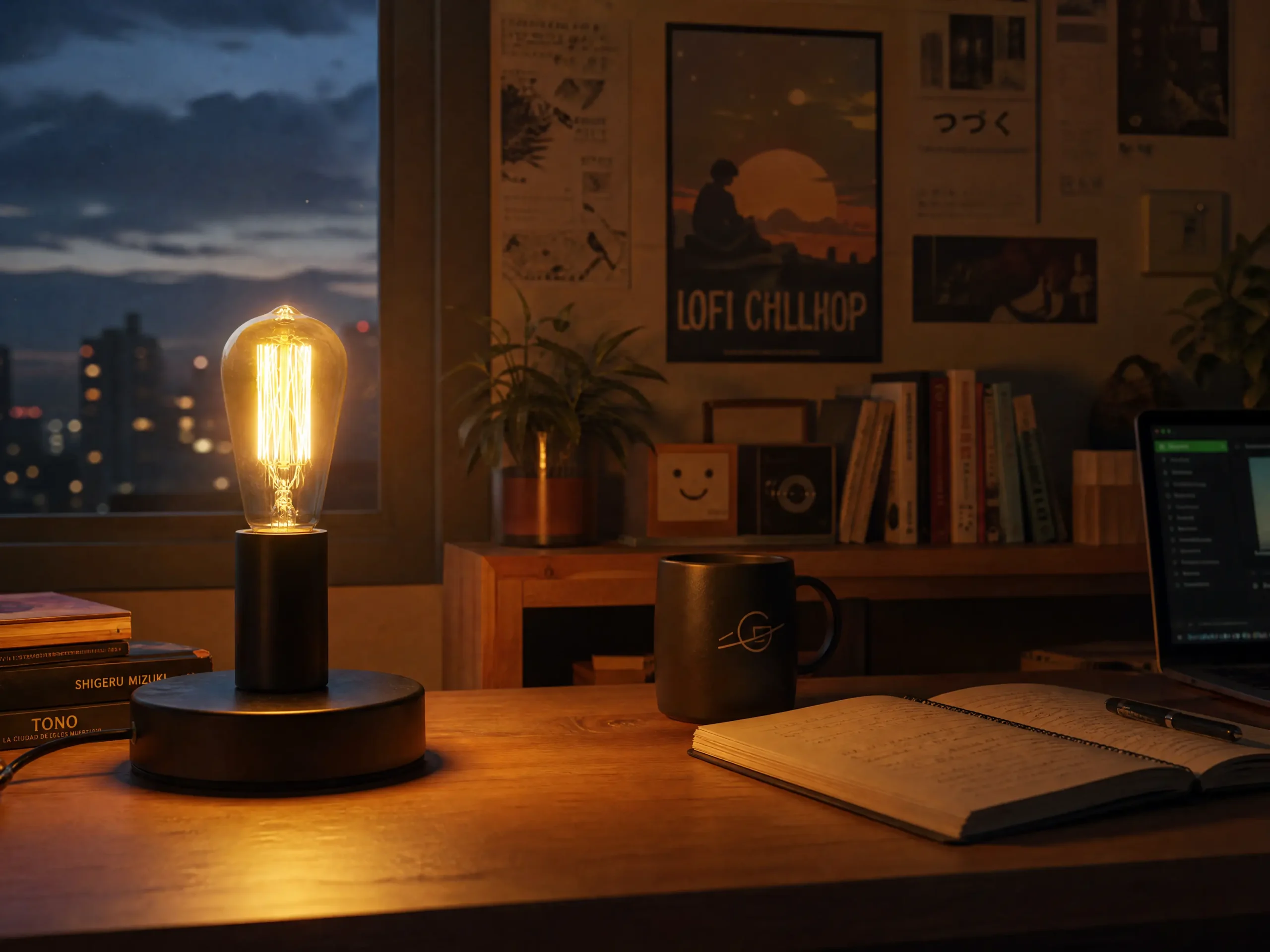 Vintage industrial desk lamp with Edison bulb in anime room