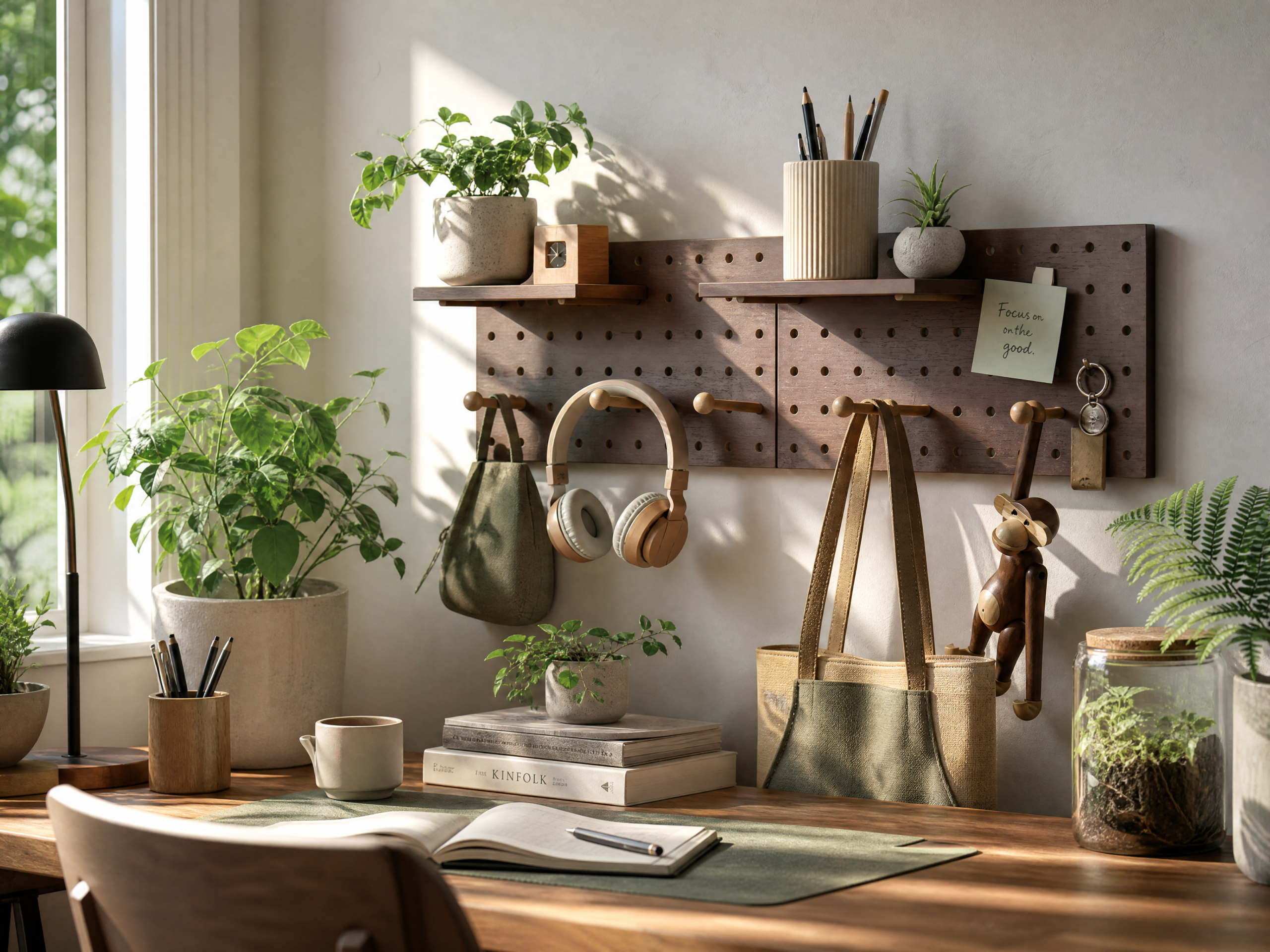 Wooden pegboard organizer for nature desk setup