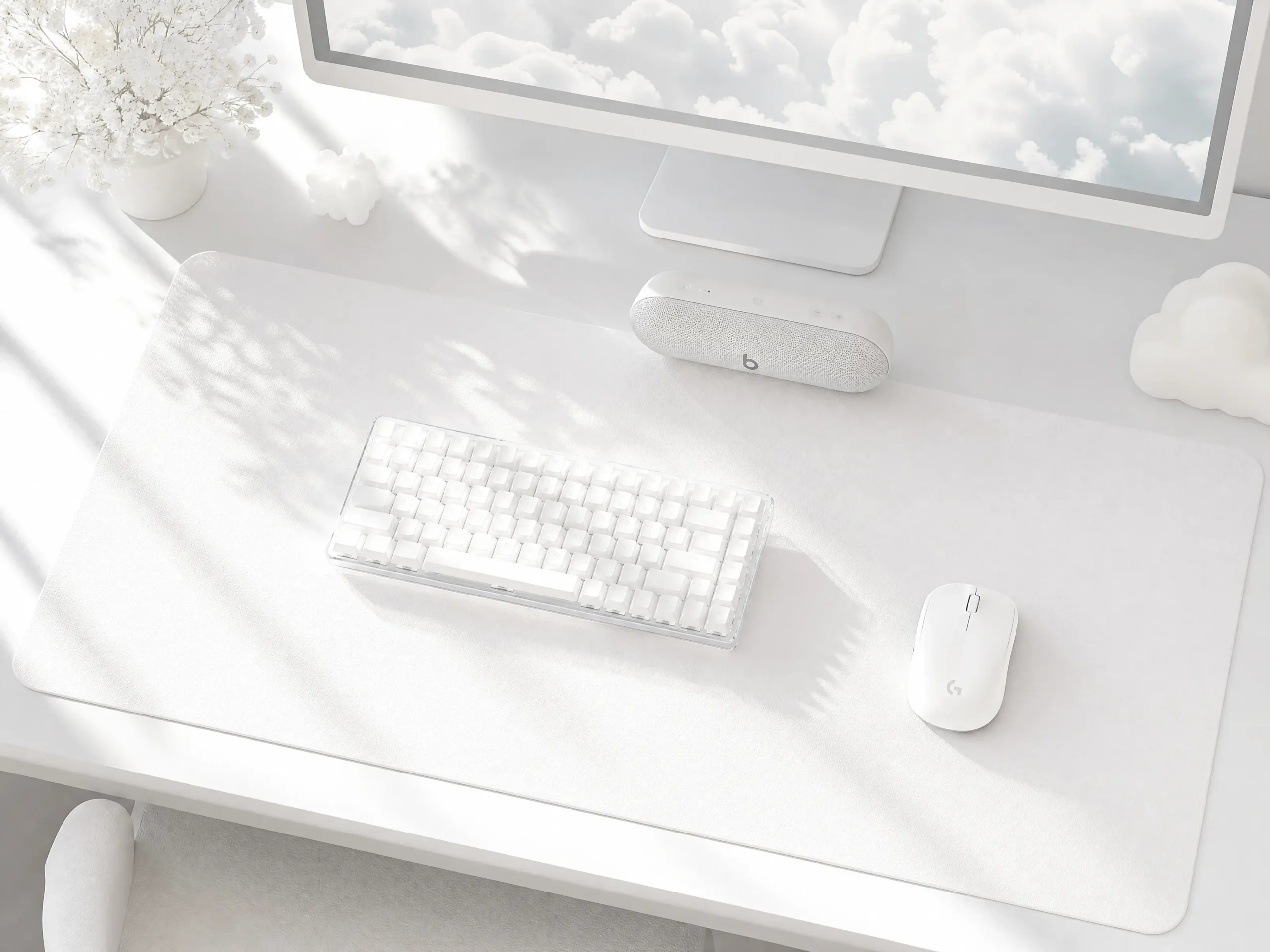 Pure white extended desk mat for cloud aesthetic setup