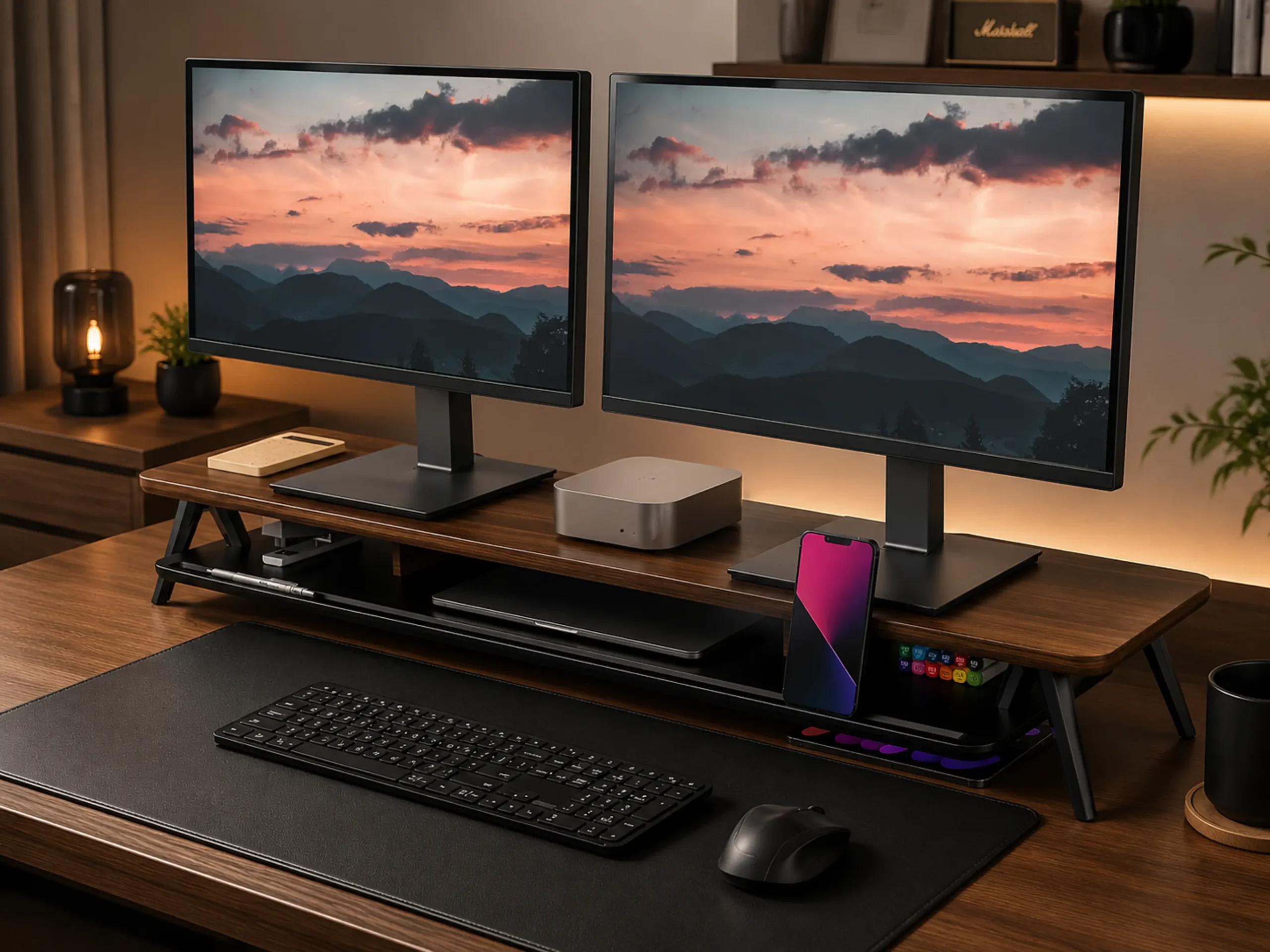 Premium Walnut Monitor Stand Desk Setup